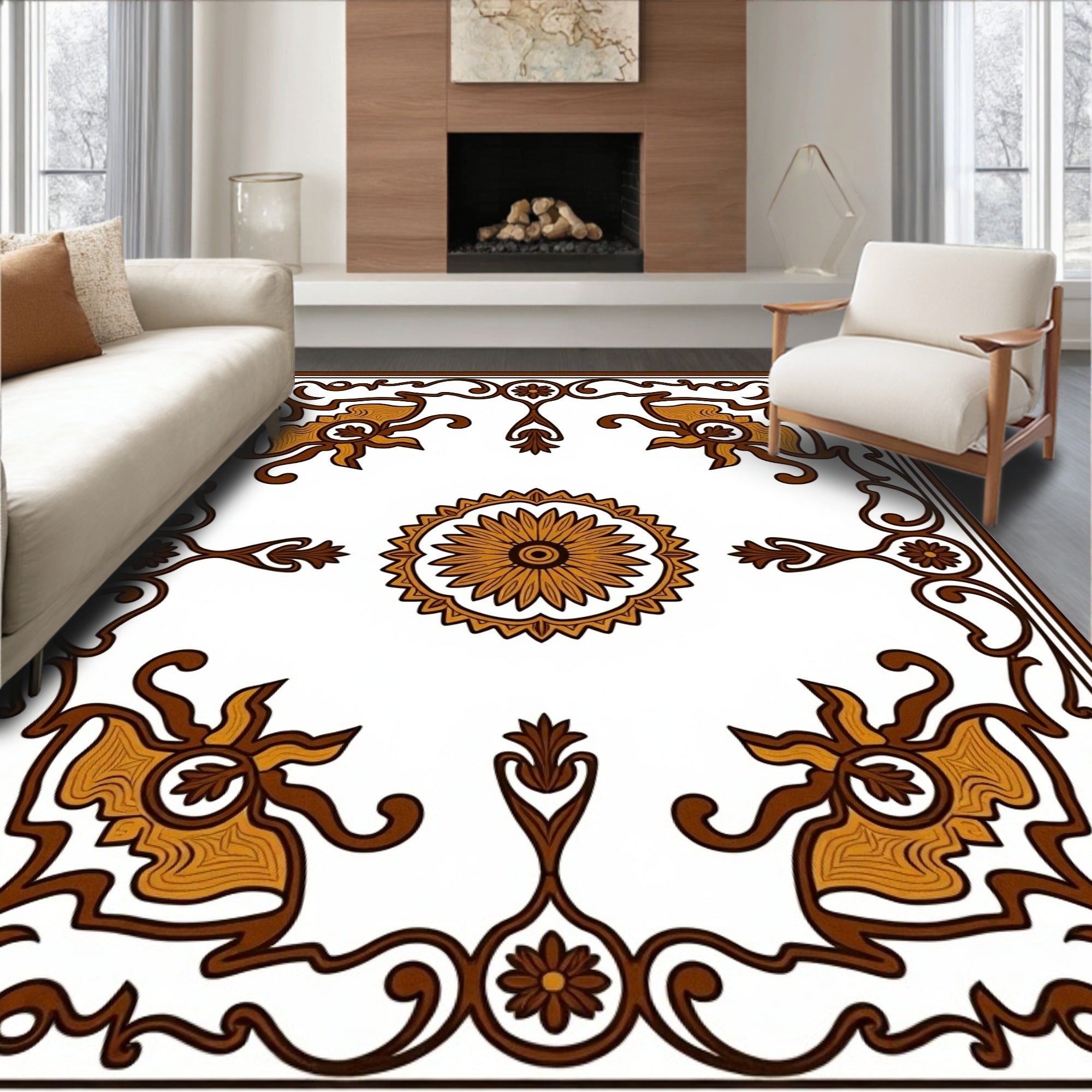 Brown Golden Floral Medallion Frame Rug