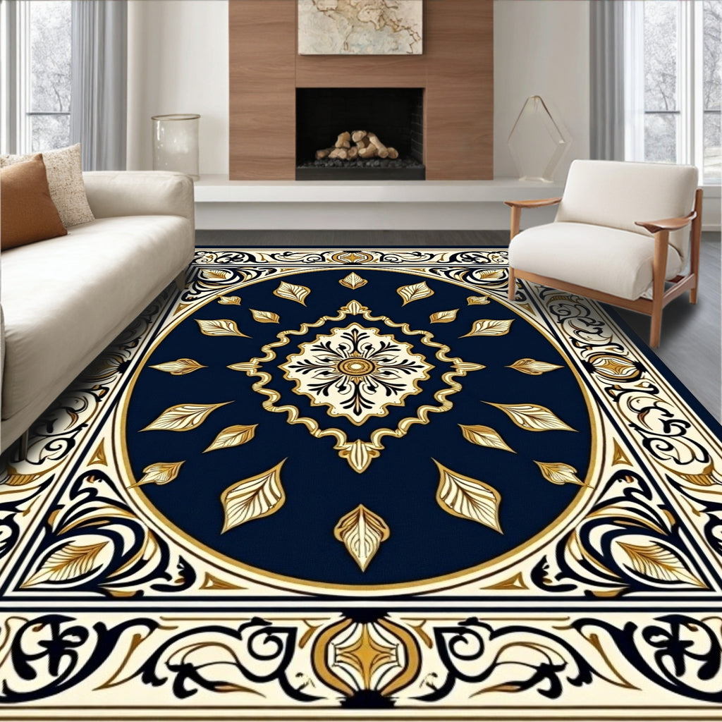 Deep Blue Floral Medallion Cream Border Rug