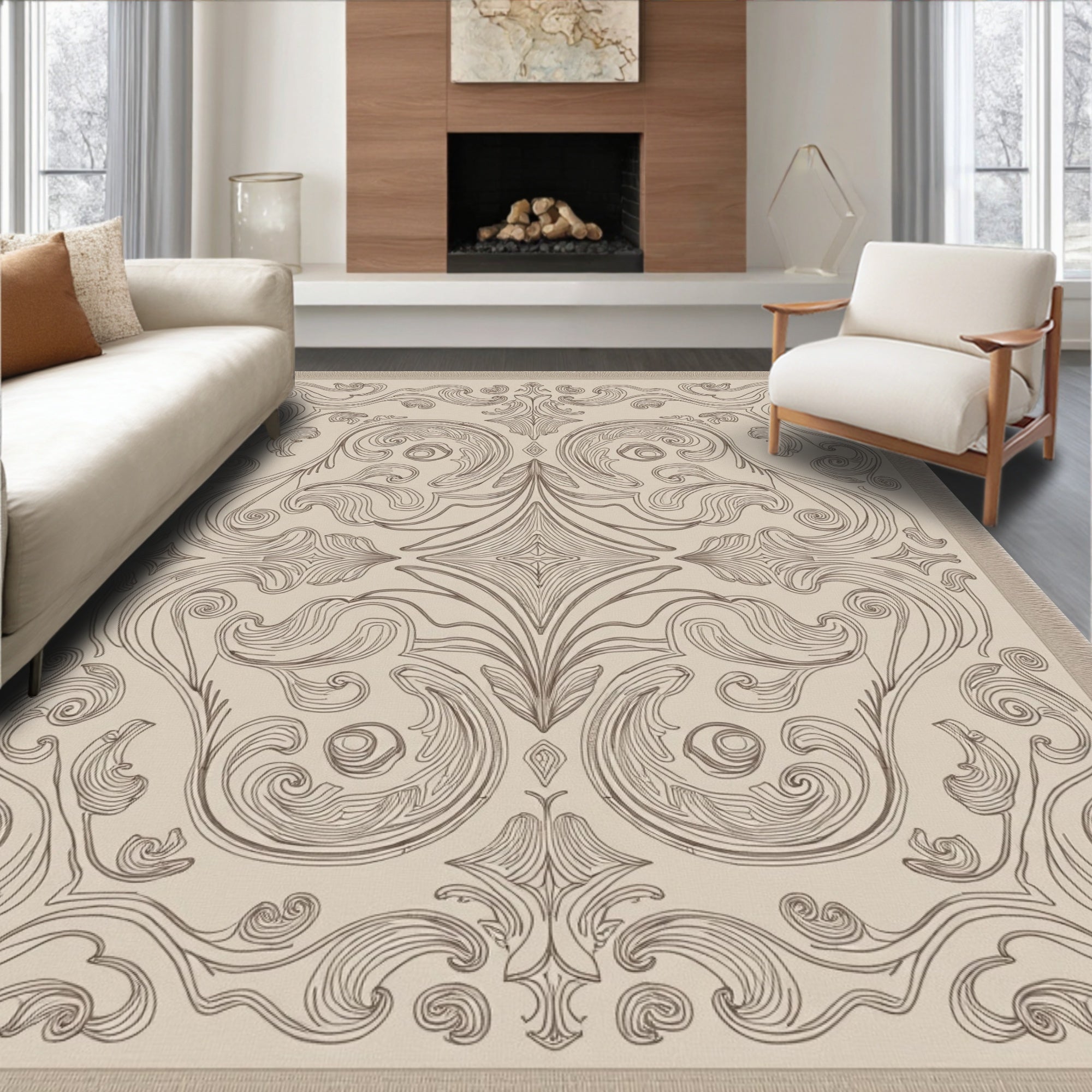 Ornate Beige Rococo Scroll Rug