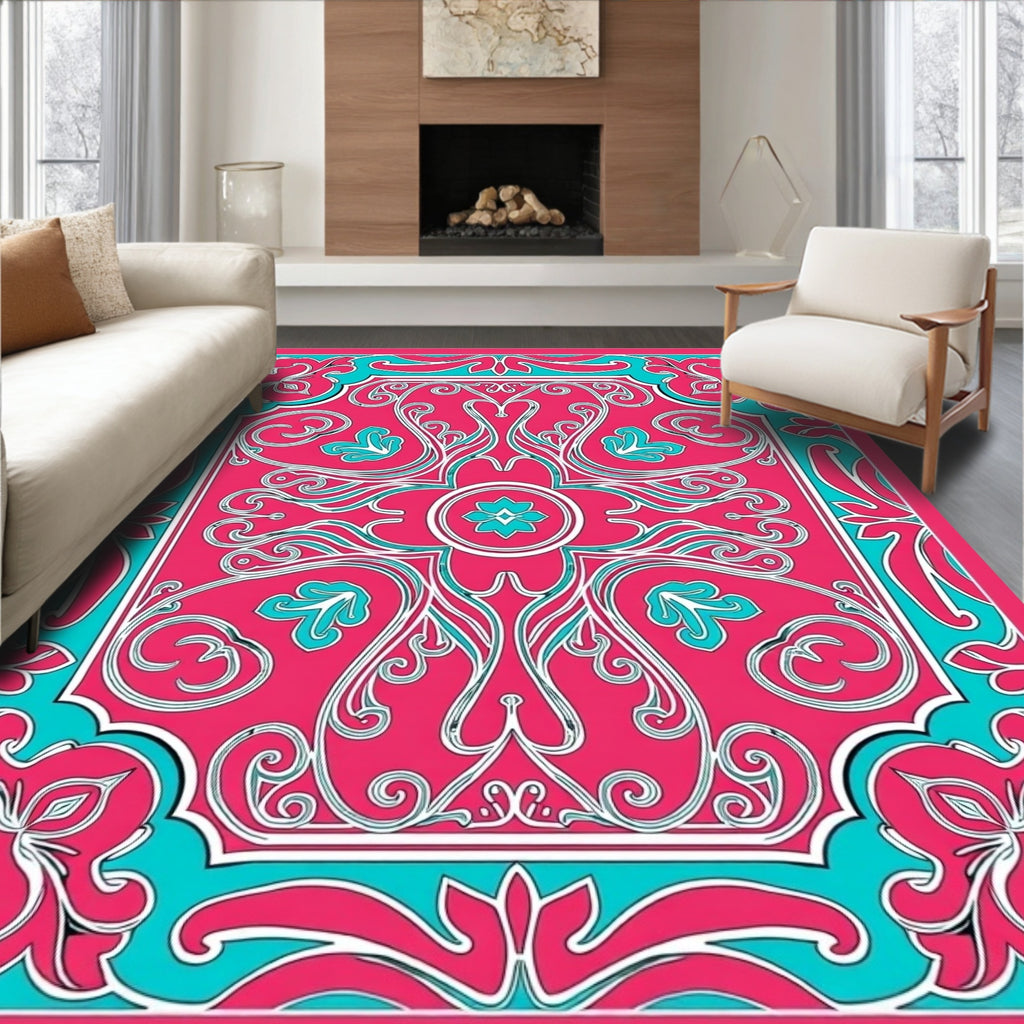 Vibrant Pink Teal Floral Medallion Rug