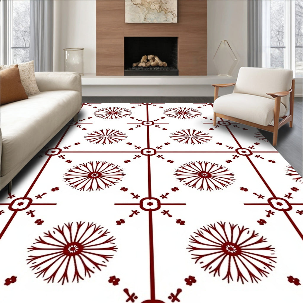 Crimson Radial Flower Grid Rug