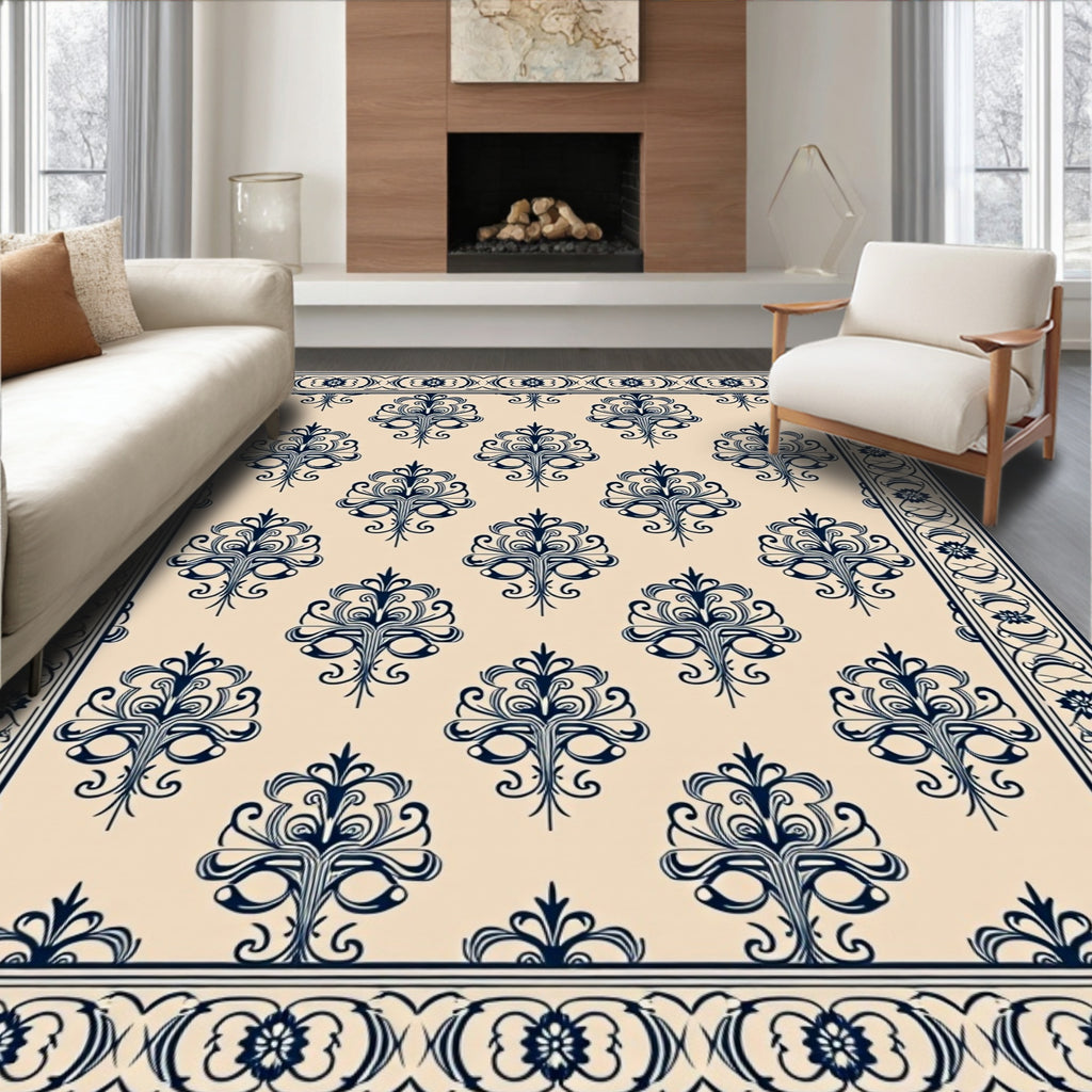 Navy Floral Damask Cream Border Rug