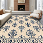 Navy Floral Damask Cream Border Rug