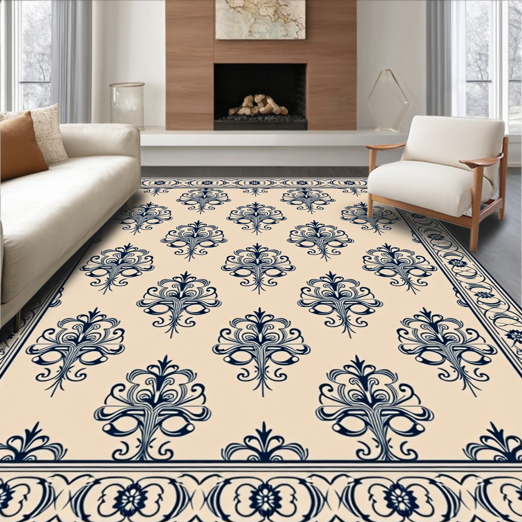 Navy Floral Damask Cream Border Rug