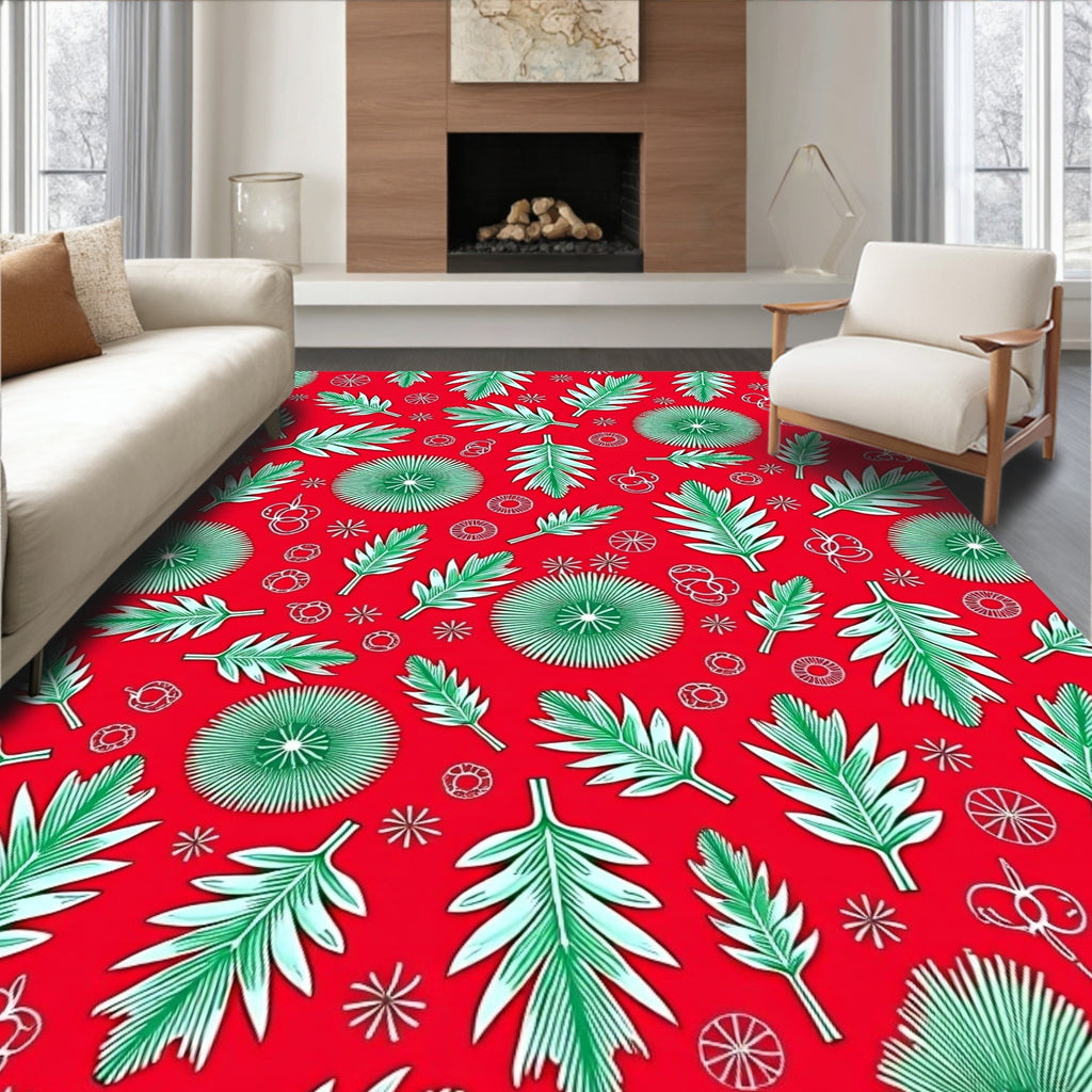 Vibrant Red Green Leafy Botanical Rug