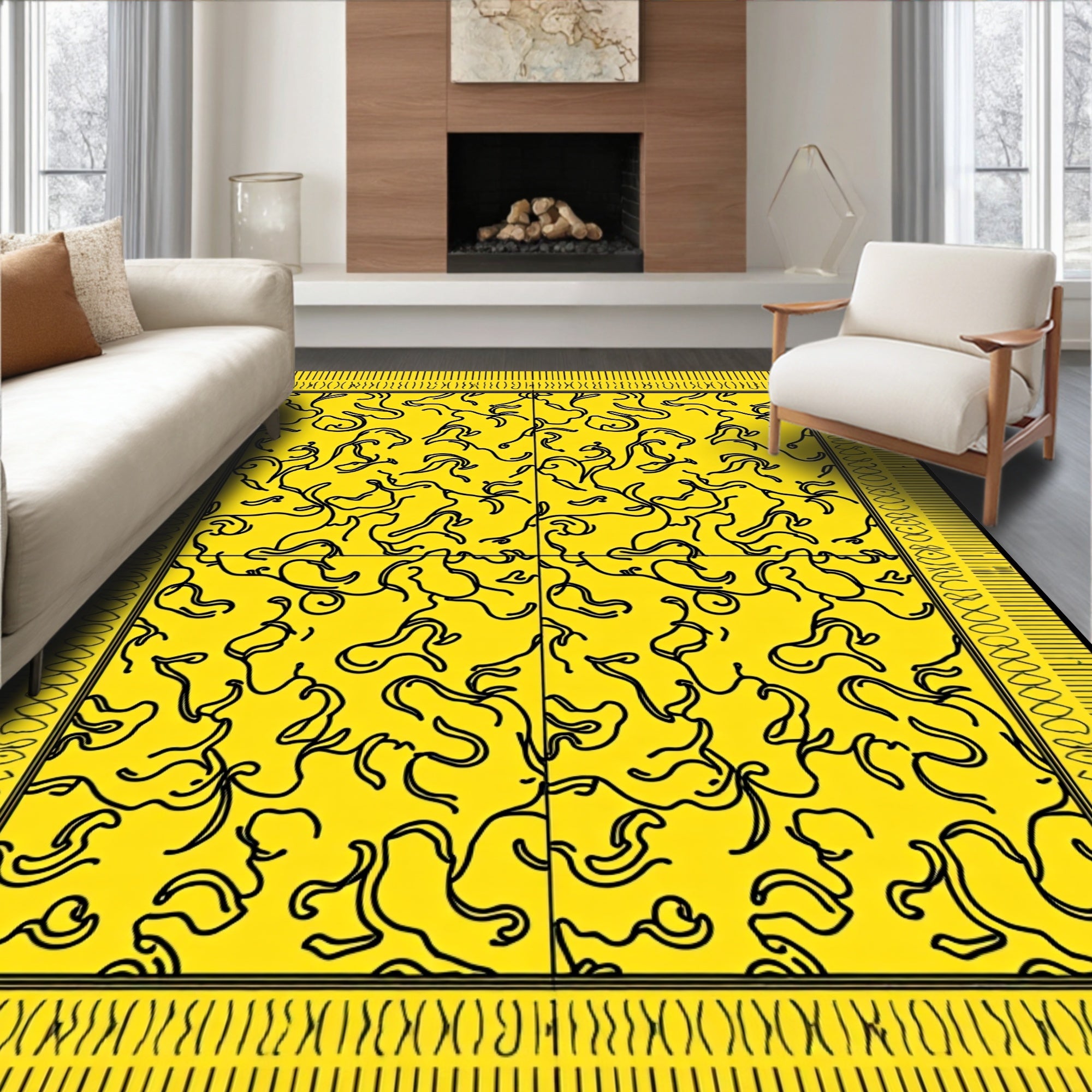 Bright Yellow Abstract Swirls Bordered Rug