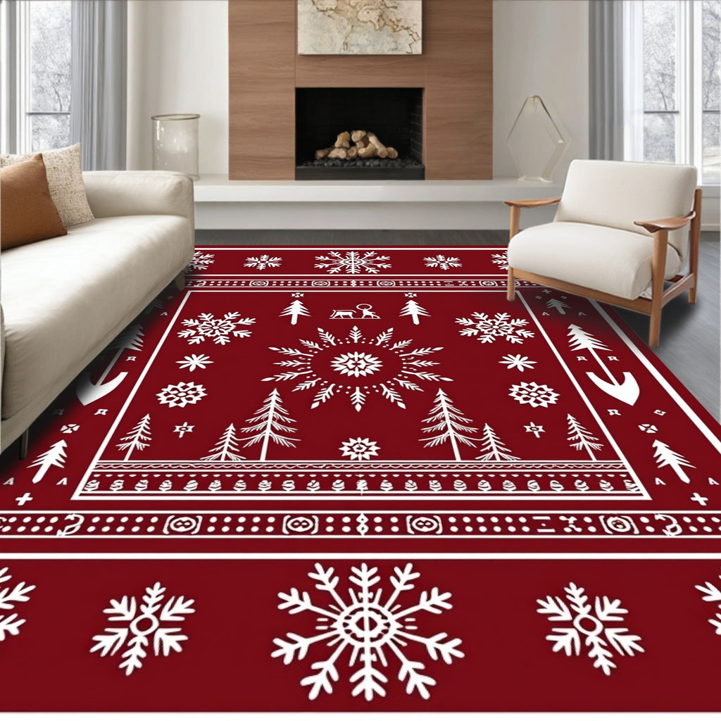 Deep Red Winter Forest Snowflake Rug