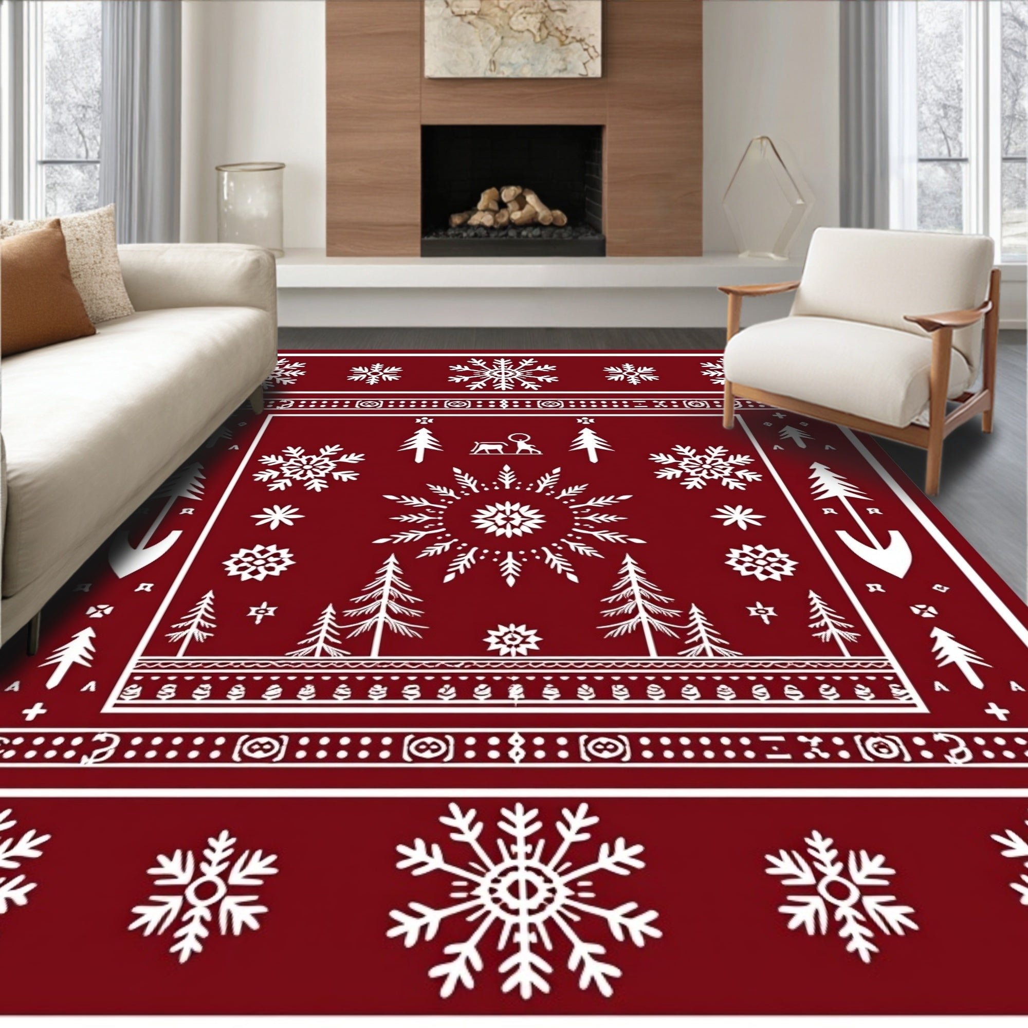 Deep Red Winter Forest Snowflake Rug