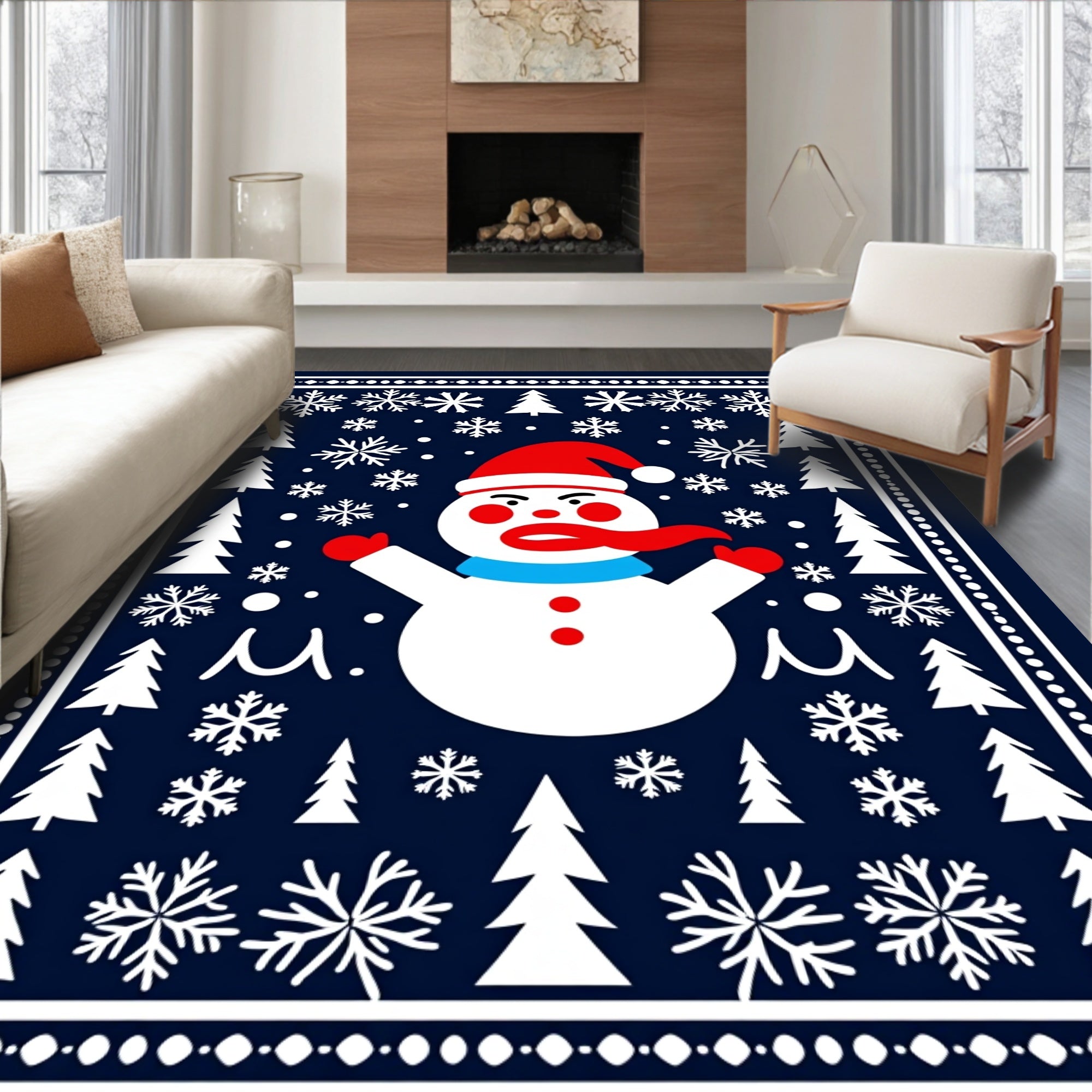 Happy Snowman Winter Snowflake Christmas Scene Rug