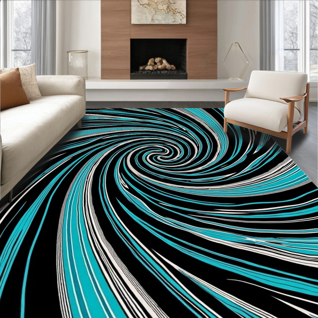 Abstract Turquoise Black Swirl Rug
