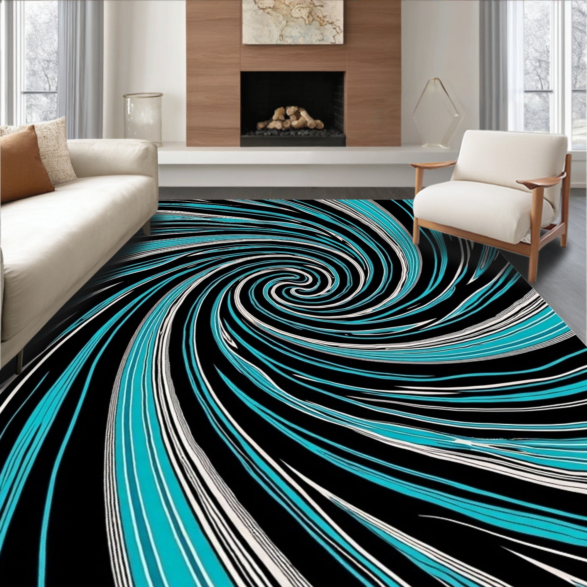 Abstract Turquoise Black Swirl Rug