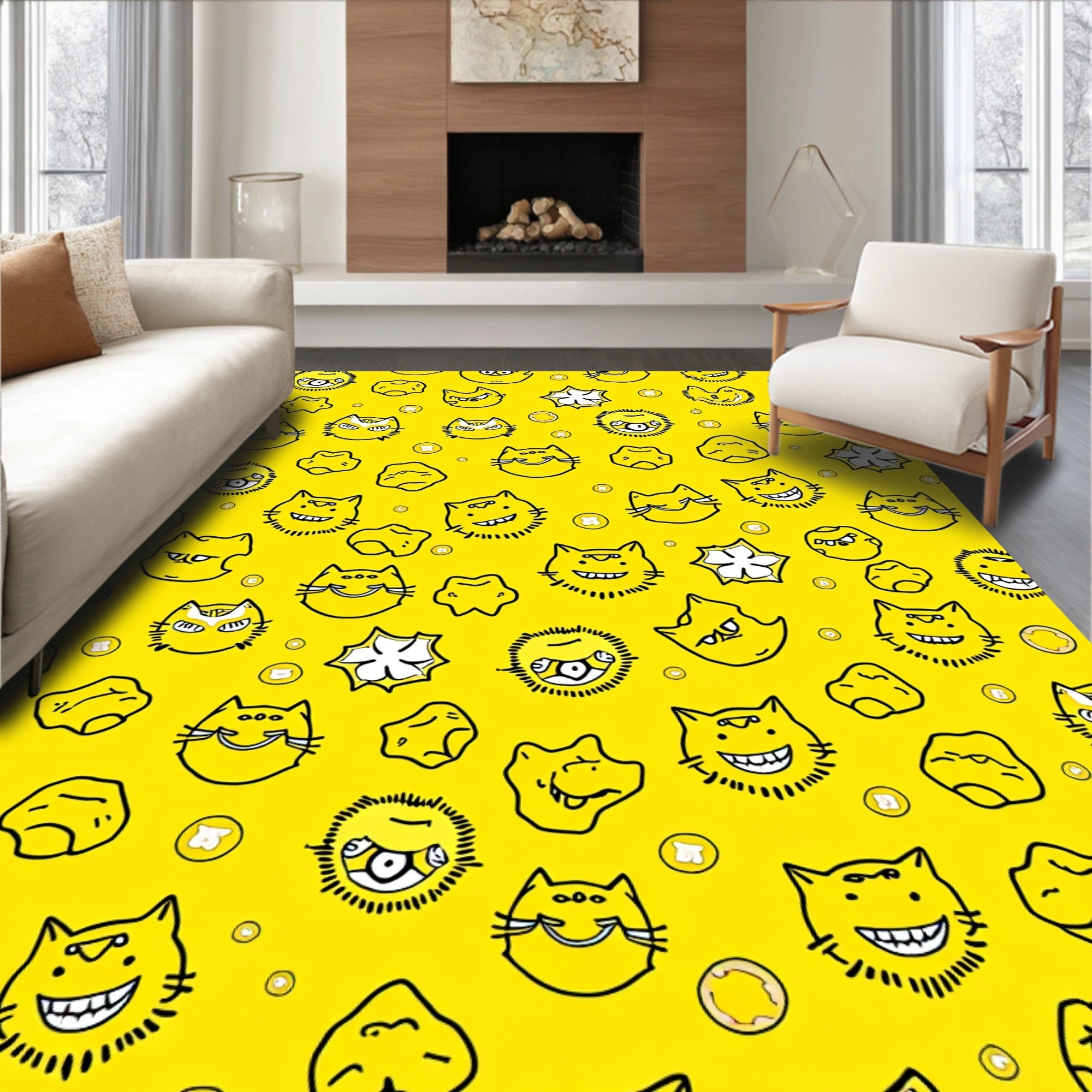 Whimsical Yellow Cat Faces Asteroids Rug