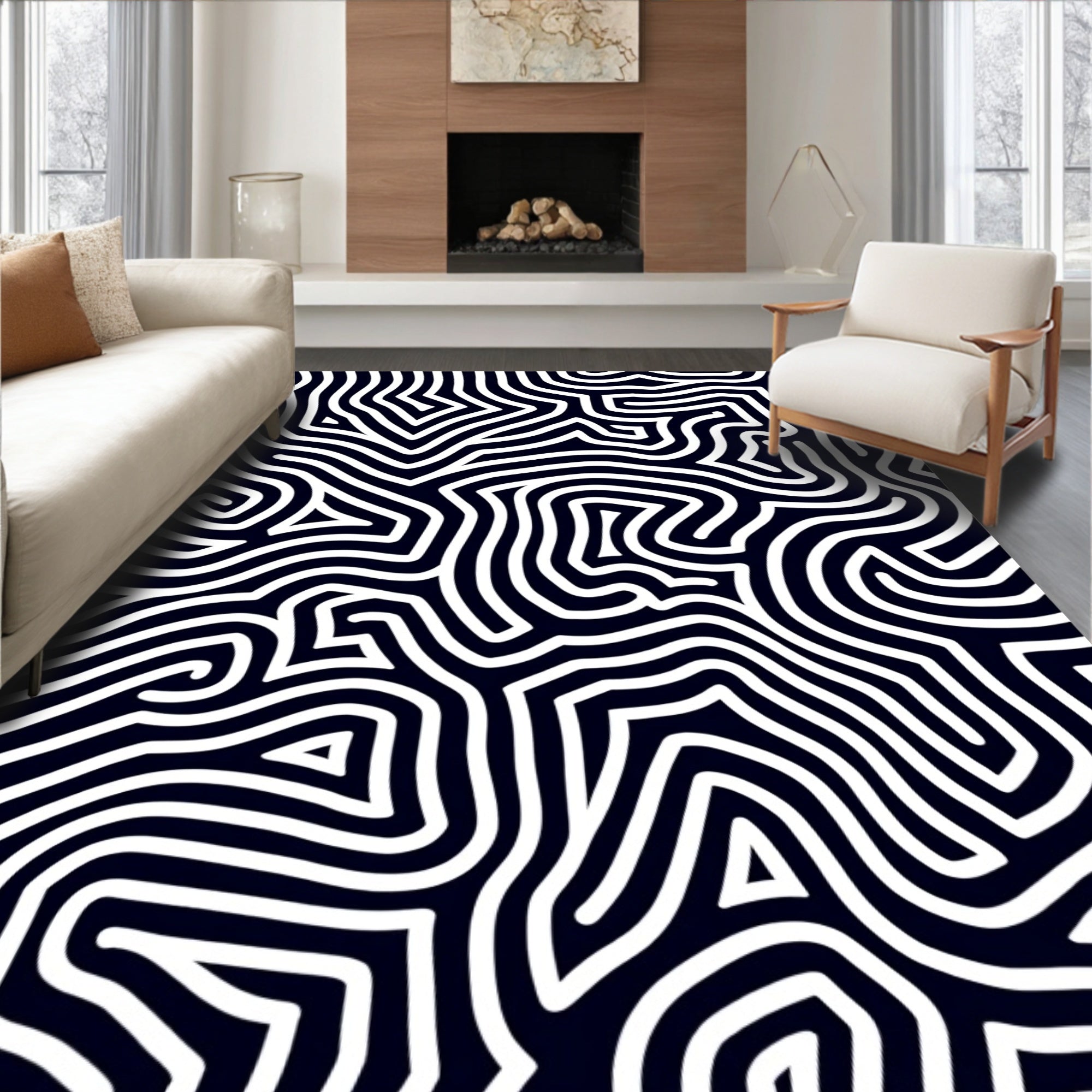 Abstract Navy White Maze Lines Rug