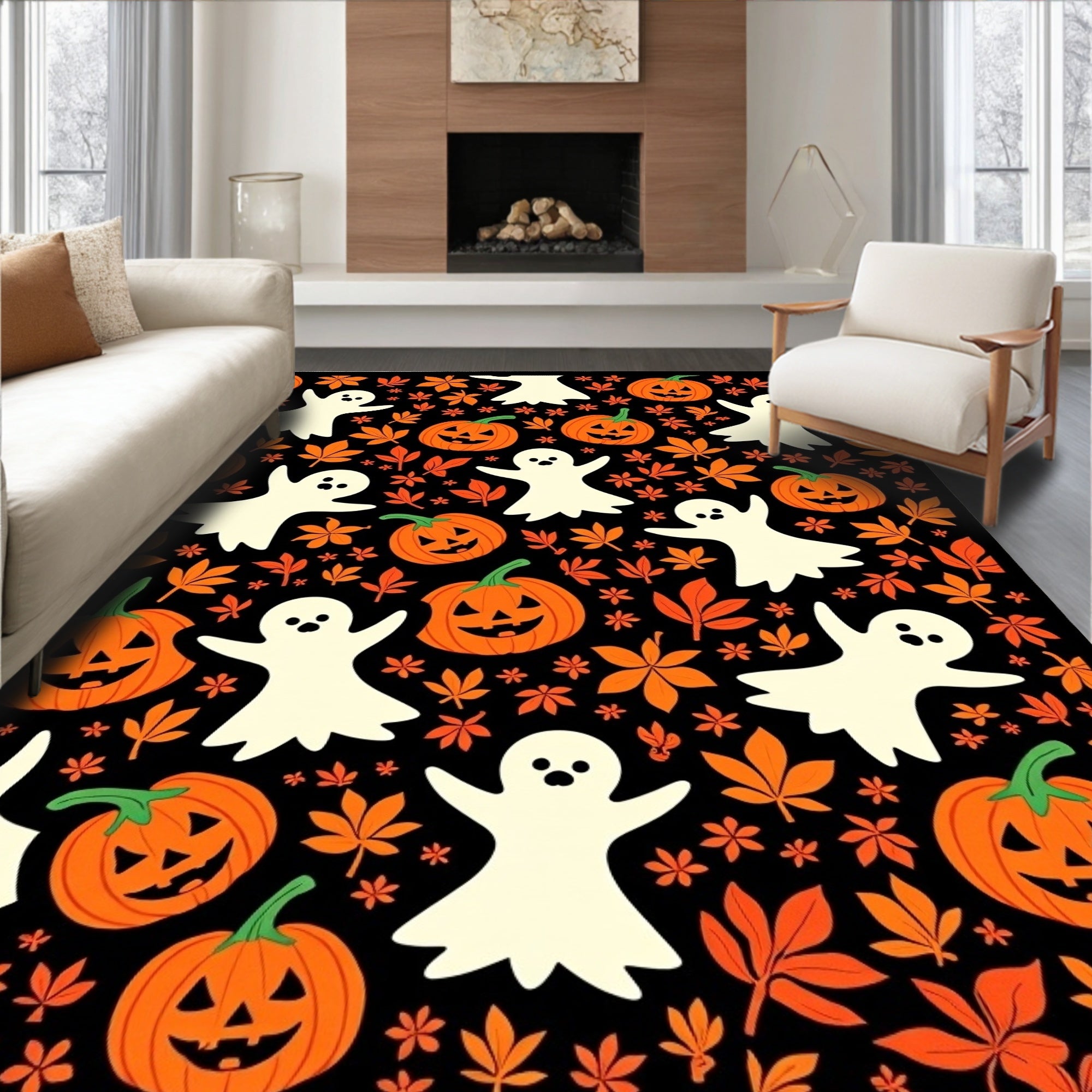 Spooky Ghost Pumpkin Autumn Leaves Rug