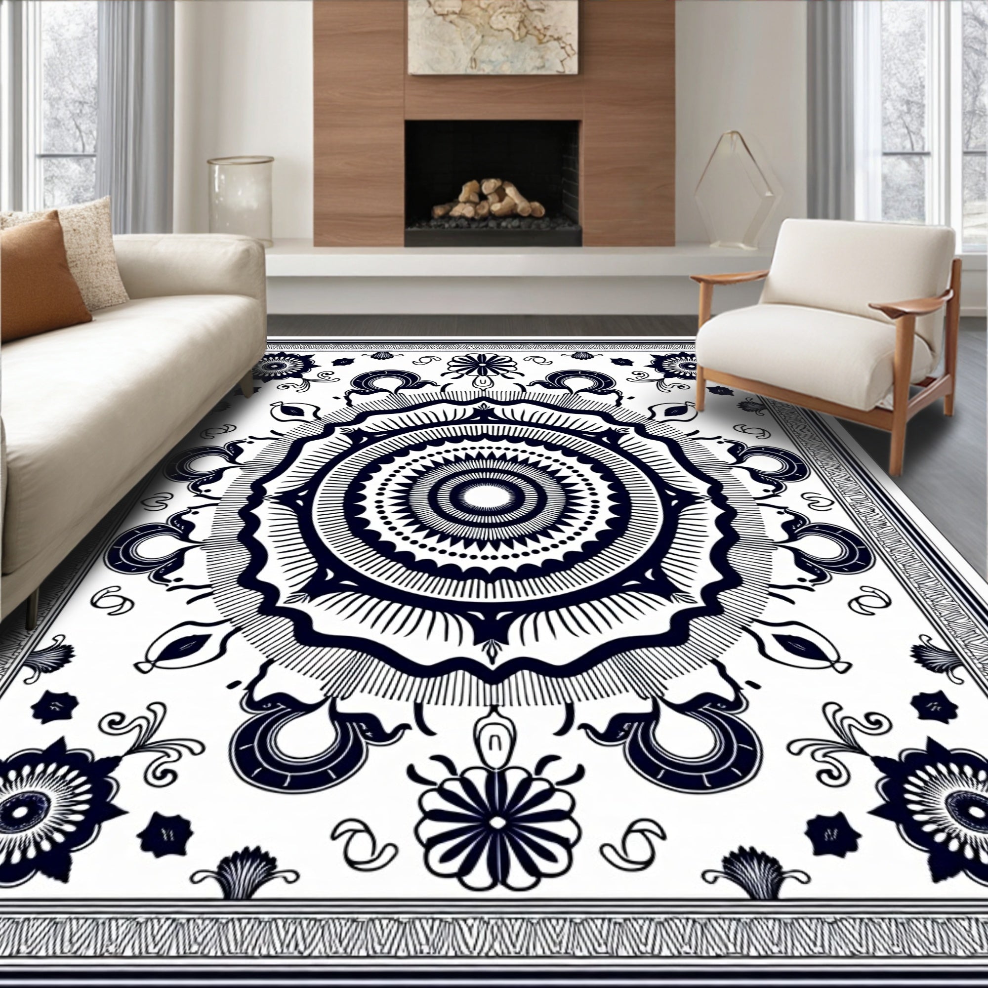 Dark Navy Ornamental Medallion Sunburst Rug