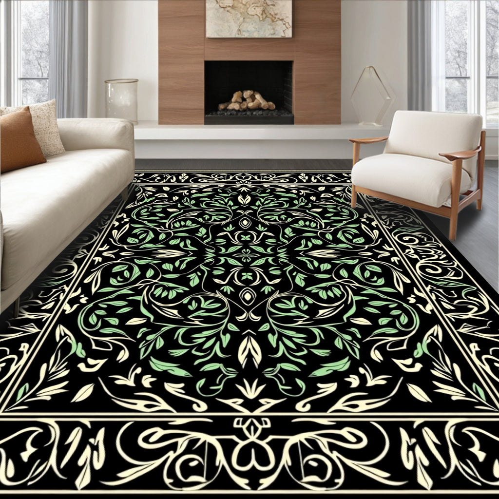 Cream Green Floral Vine Area Rug