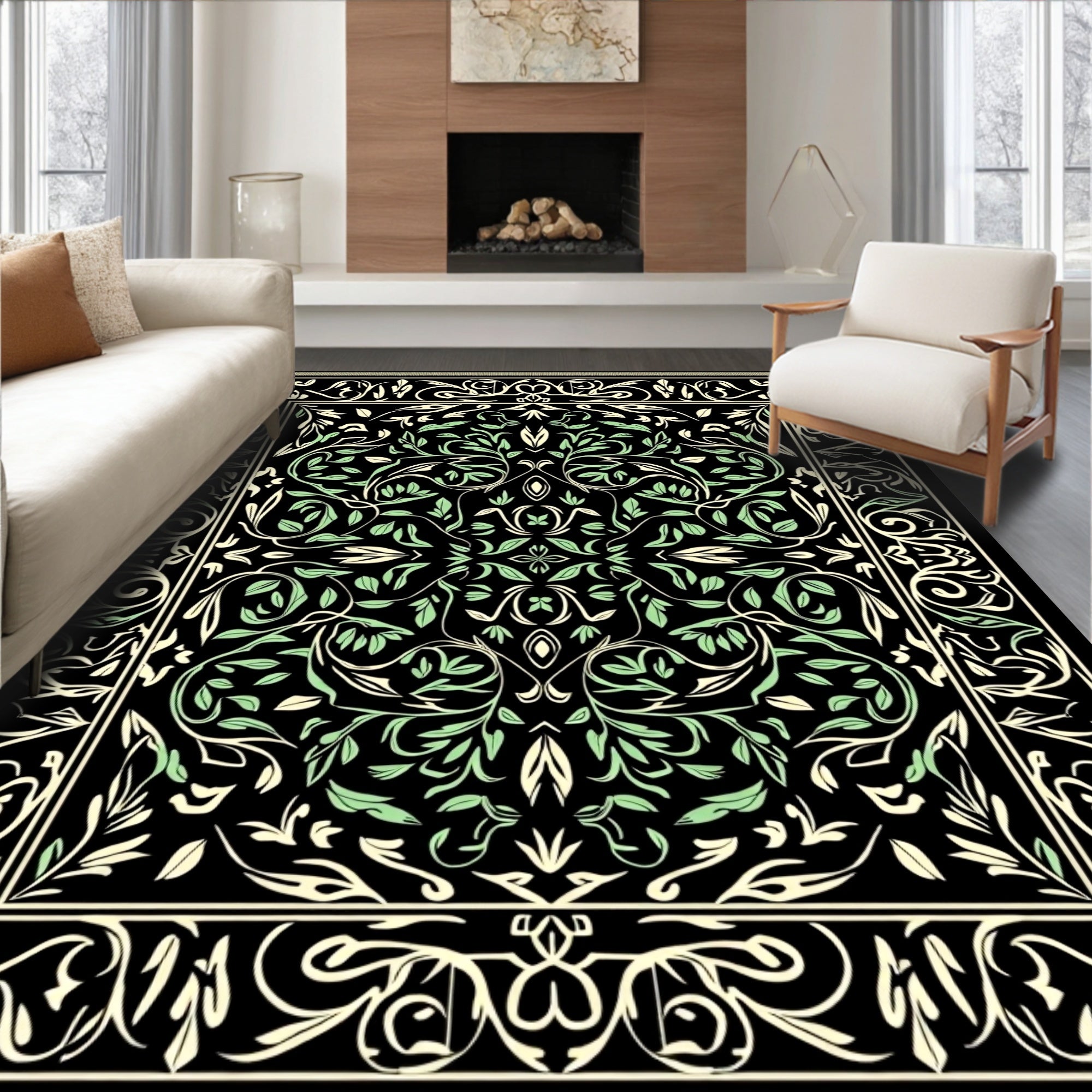 Cream Green Floral Vine Area Rug