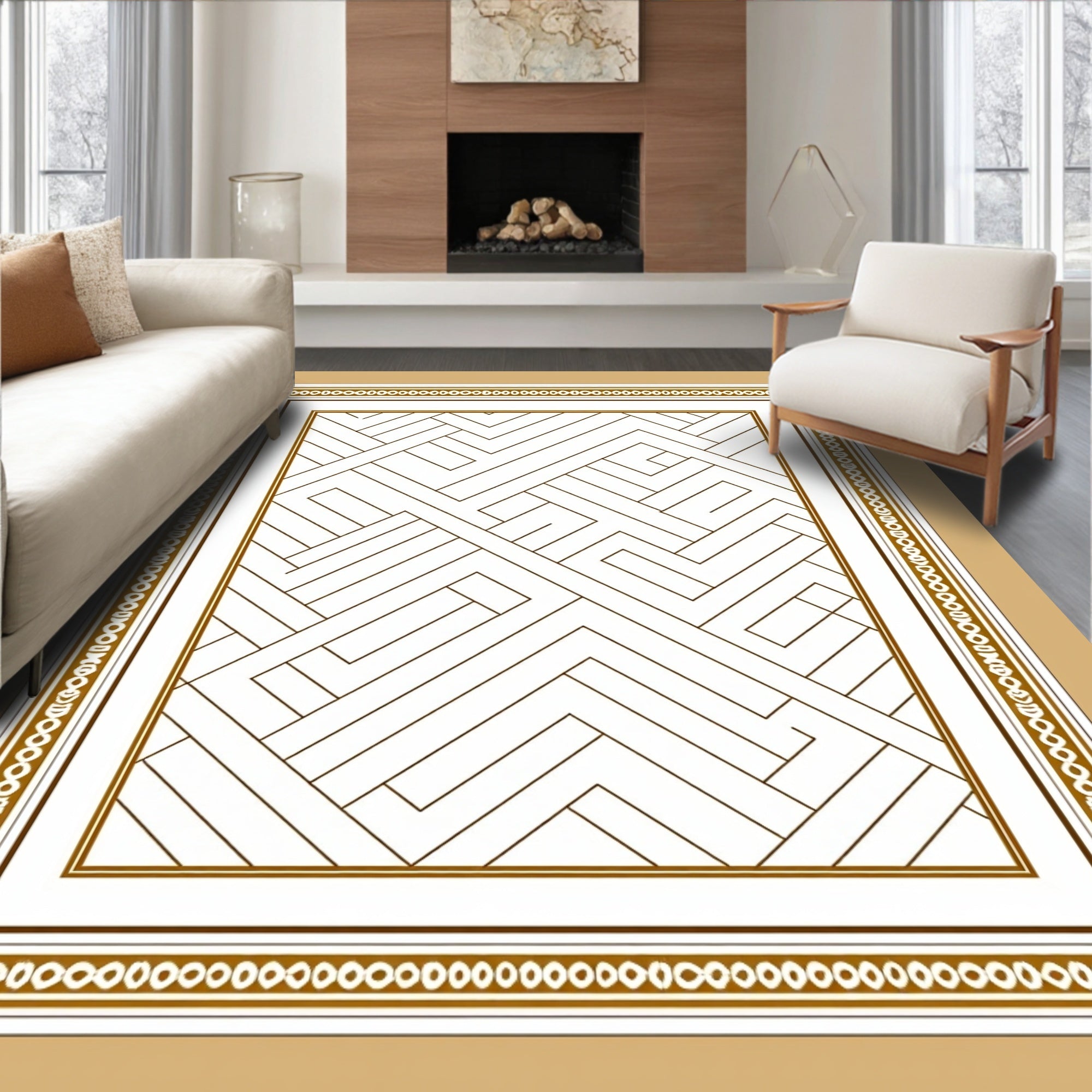 Geometric Golden Labyrinth Border Rug