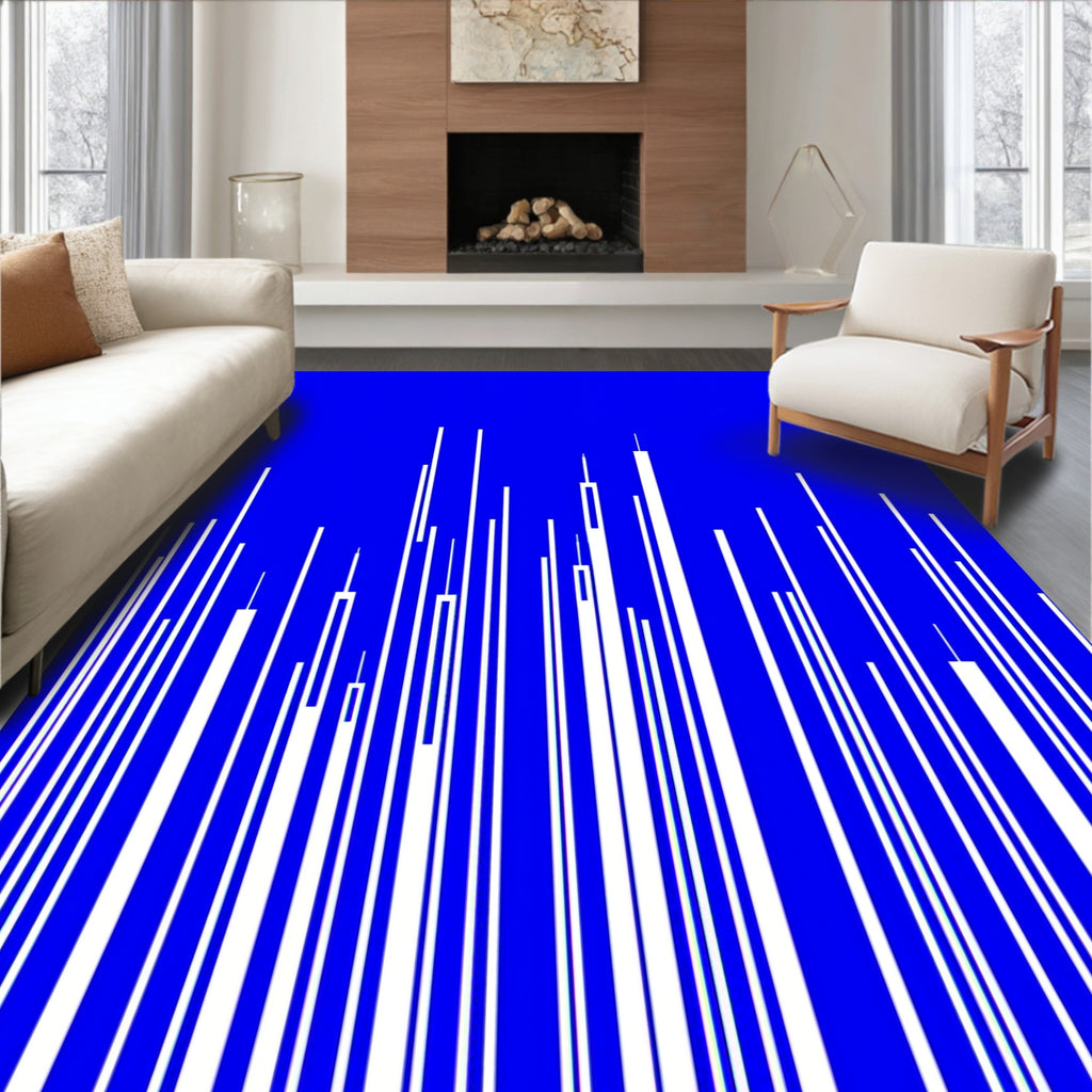 White Vertical Lines Abstract Blue Background Rug