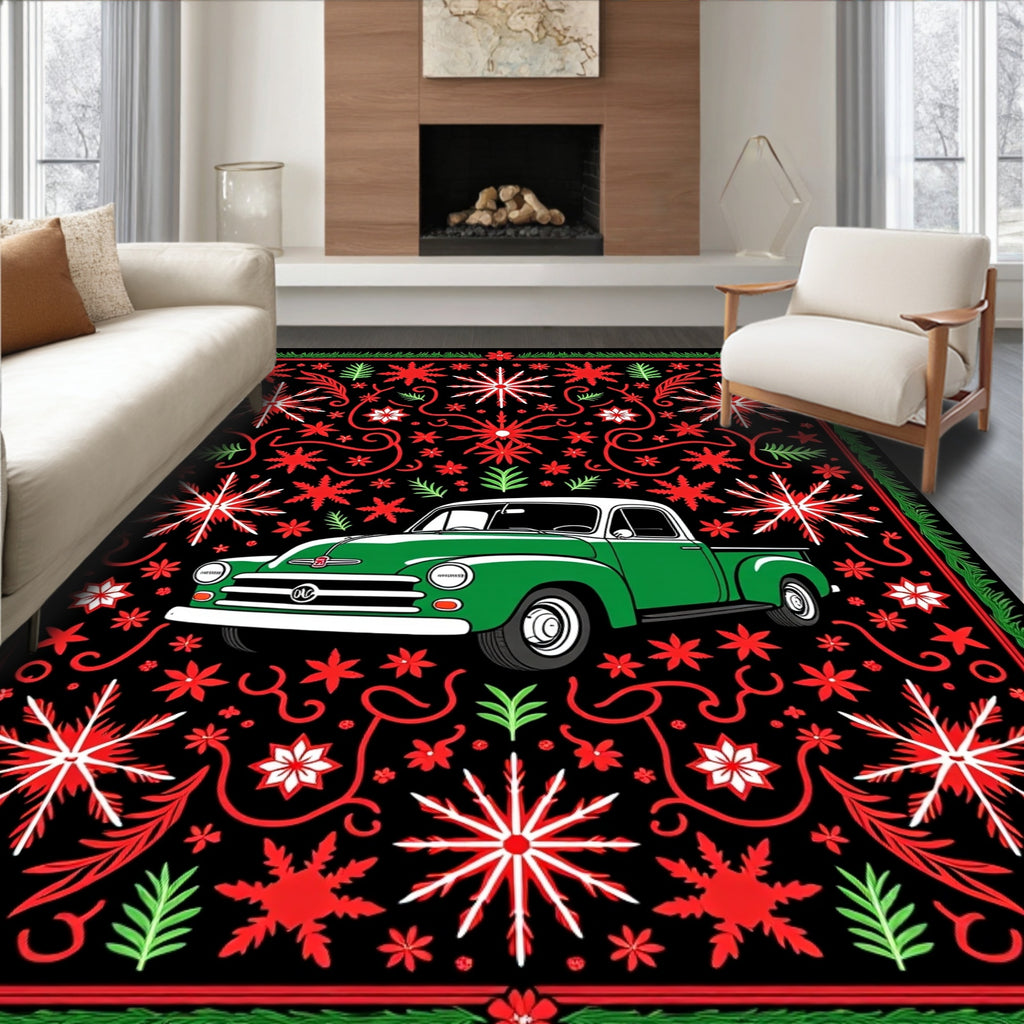 Vintage Green Truck Snowflakes Border Rug