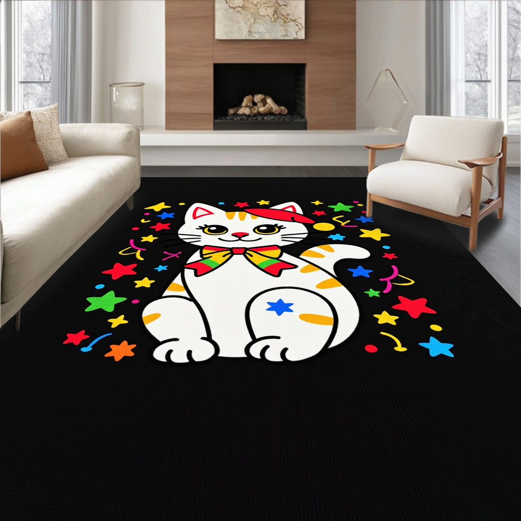 Rainbow Bow Cat Festive Star Confetti Rug