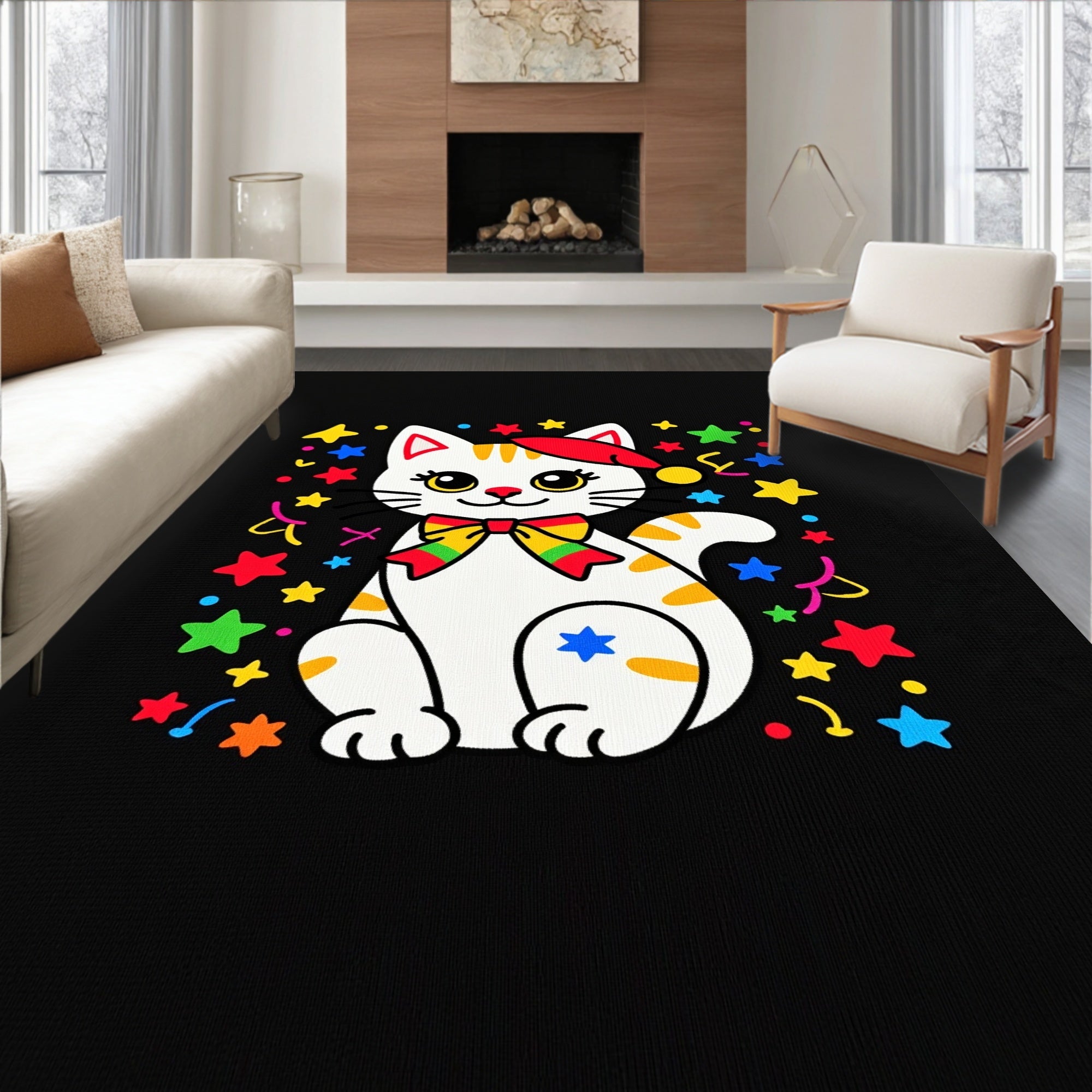 Rainbow Bow Cat Festive Star Confetti Rug