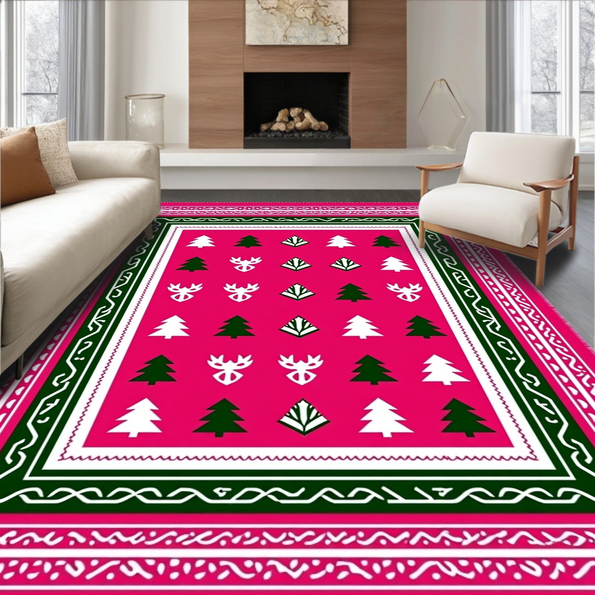 Hot Pink Forest Animal Christmas Trees Rug