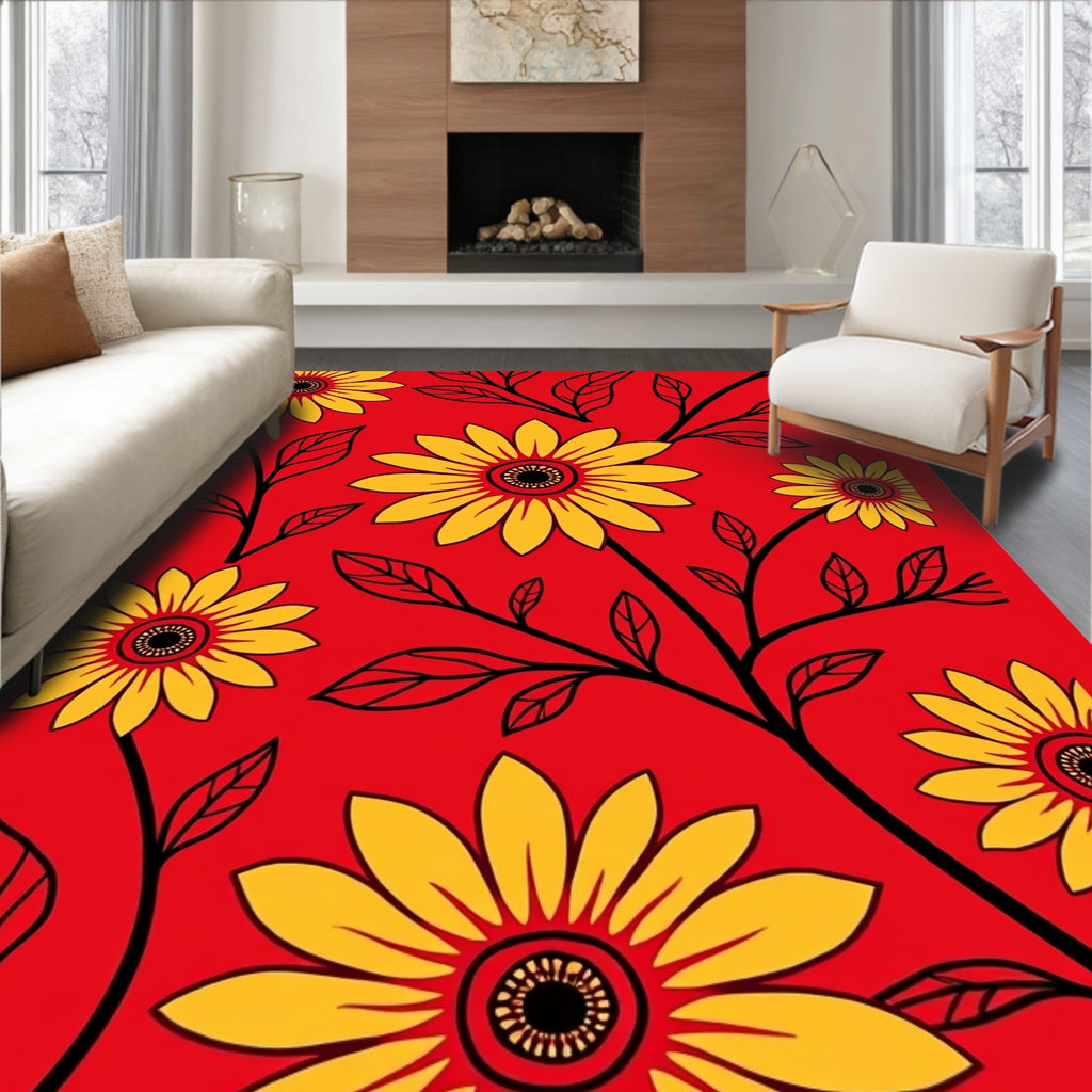 Bold Yellow Sunflower Floral Vines Rug