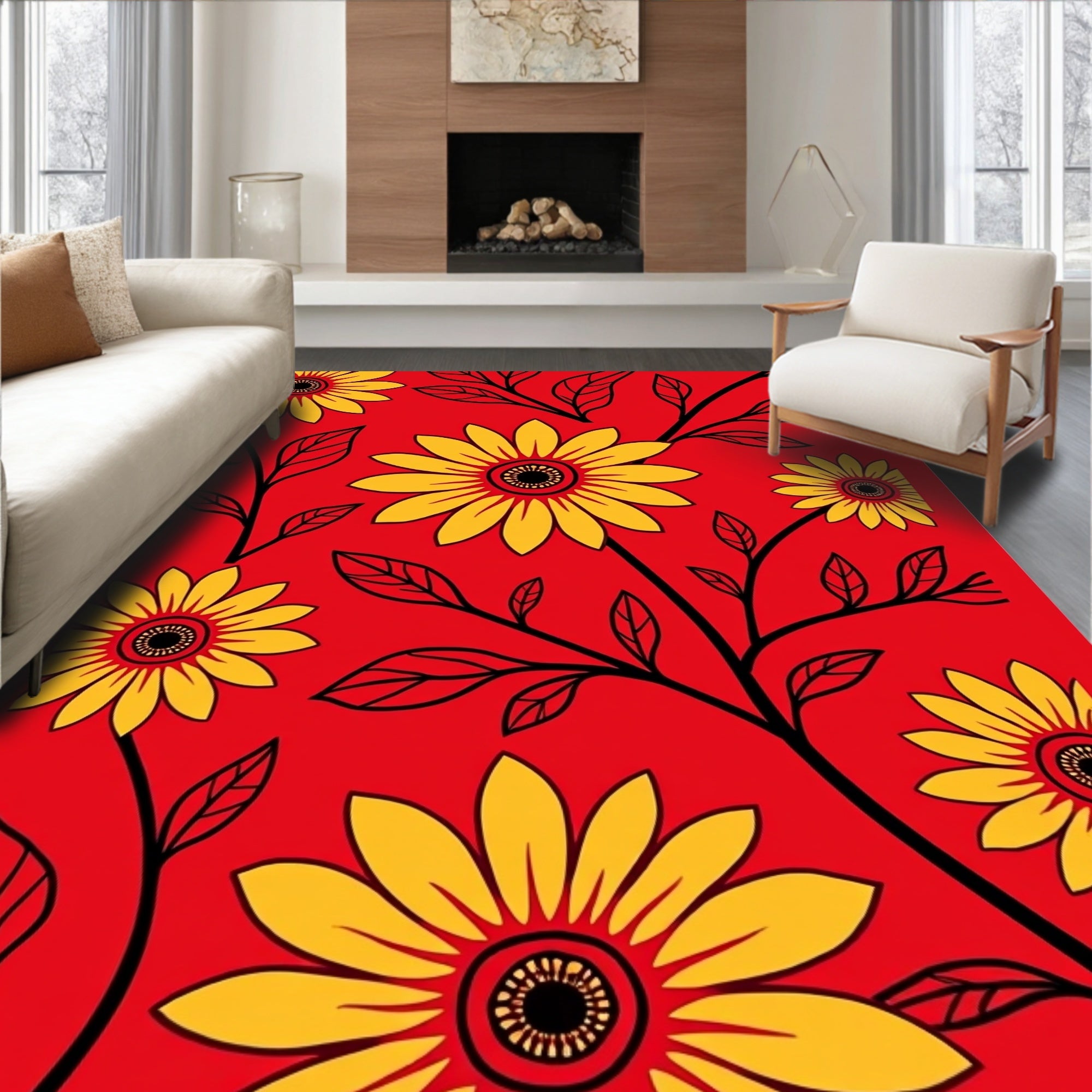 Bold Yellow Sunflower Floral Vines Rug