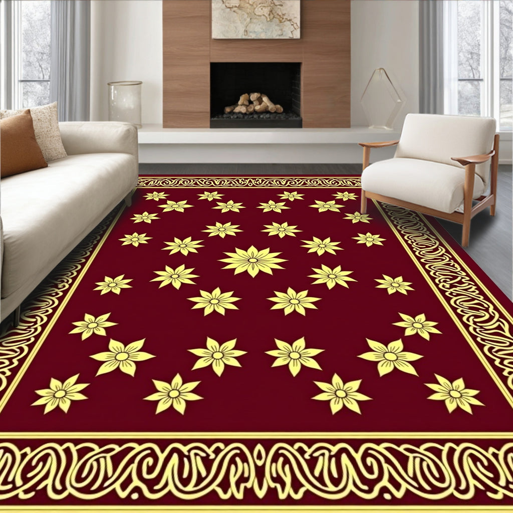 Maroon Golden Floral Medallion Borders Rug