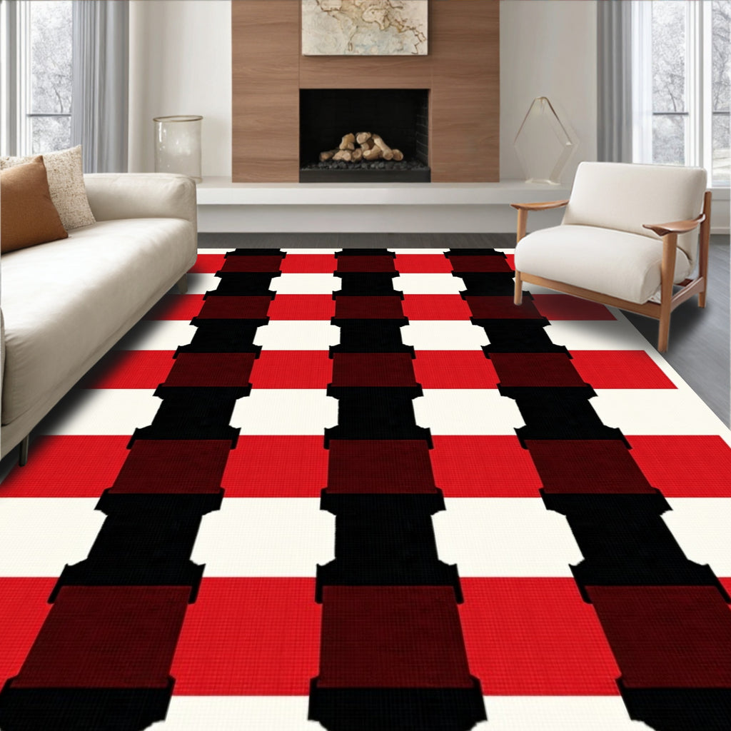 Bold Red Black Plaid Checks Rug