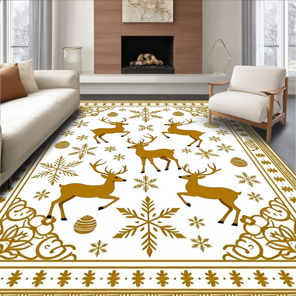 Golden Reindeer Snowflakes Festive Border Rug