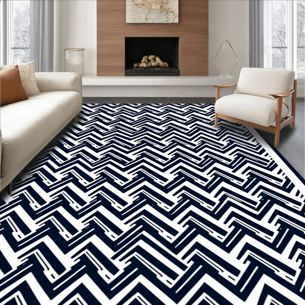Navy White Herringbone Geometric Rug