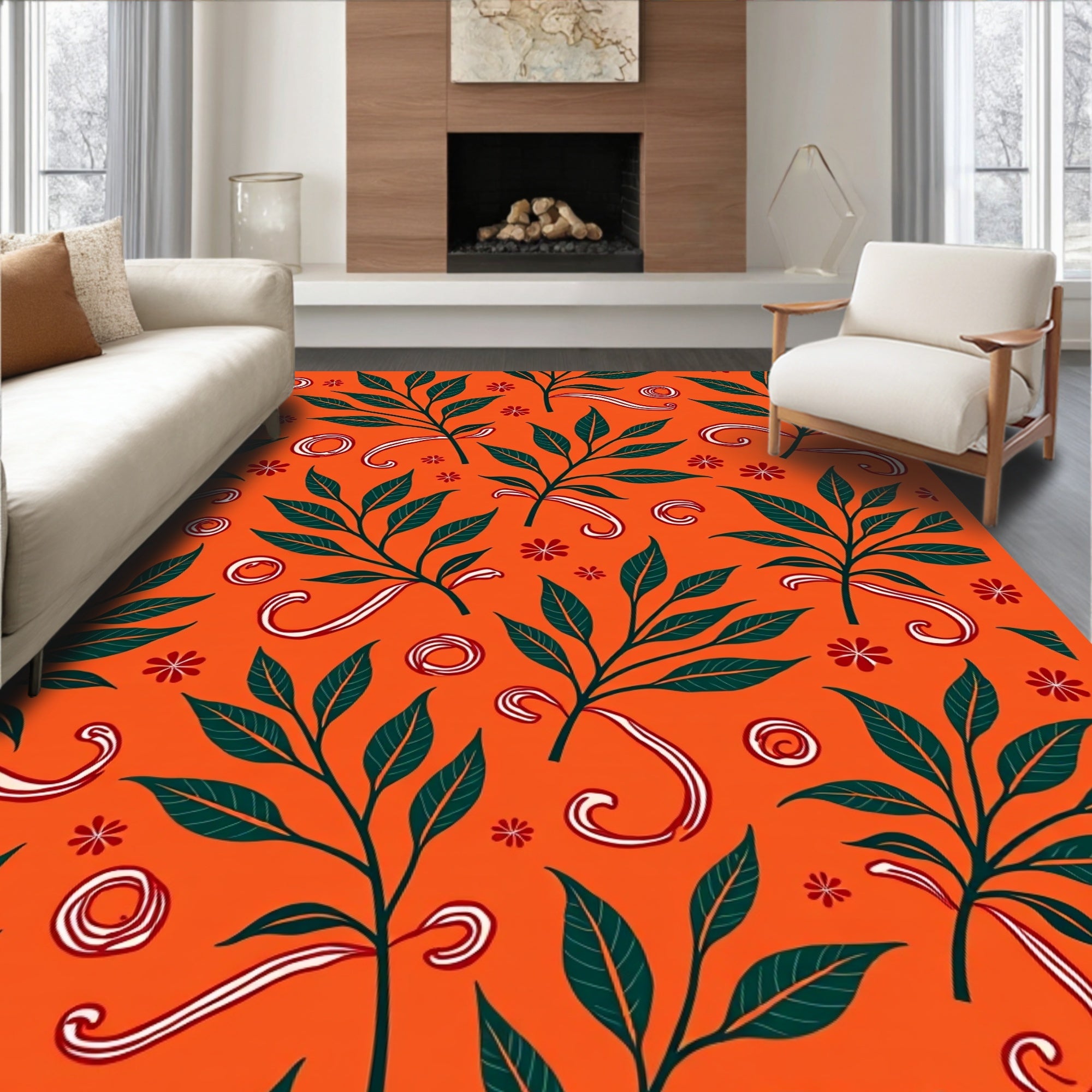 Vibrant Orange Green Leaf Swirl Rug