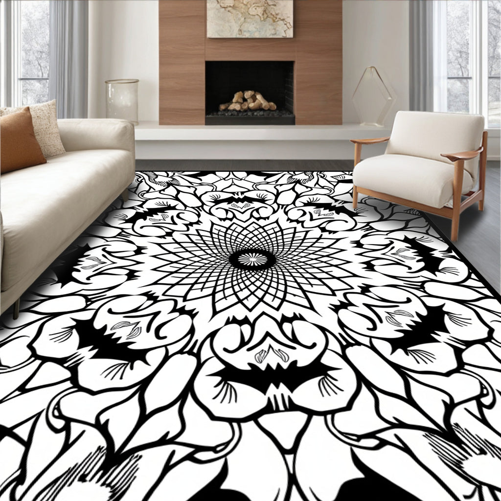 Black White Ornate Floral MandalaRug Rug