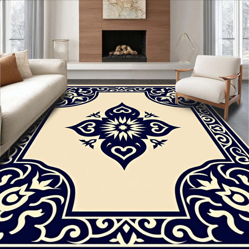Deep Blue Floral Medallion Frame Rug