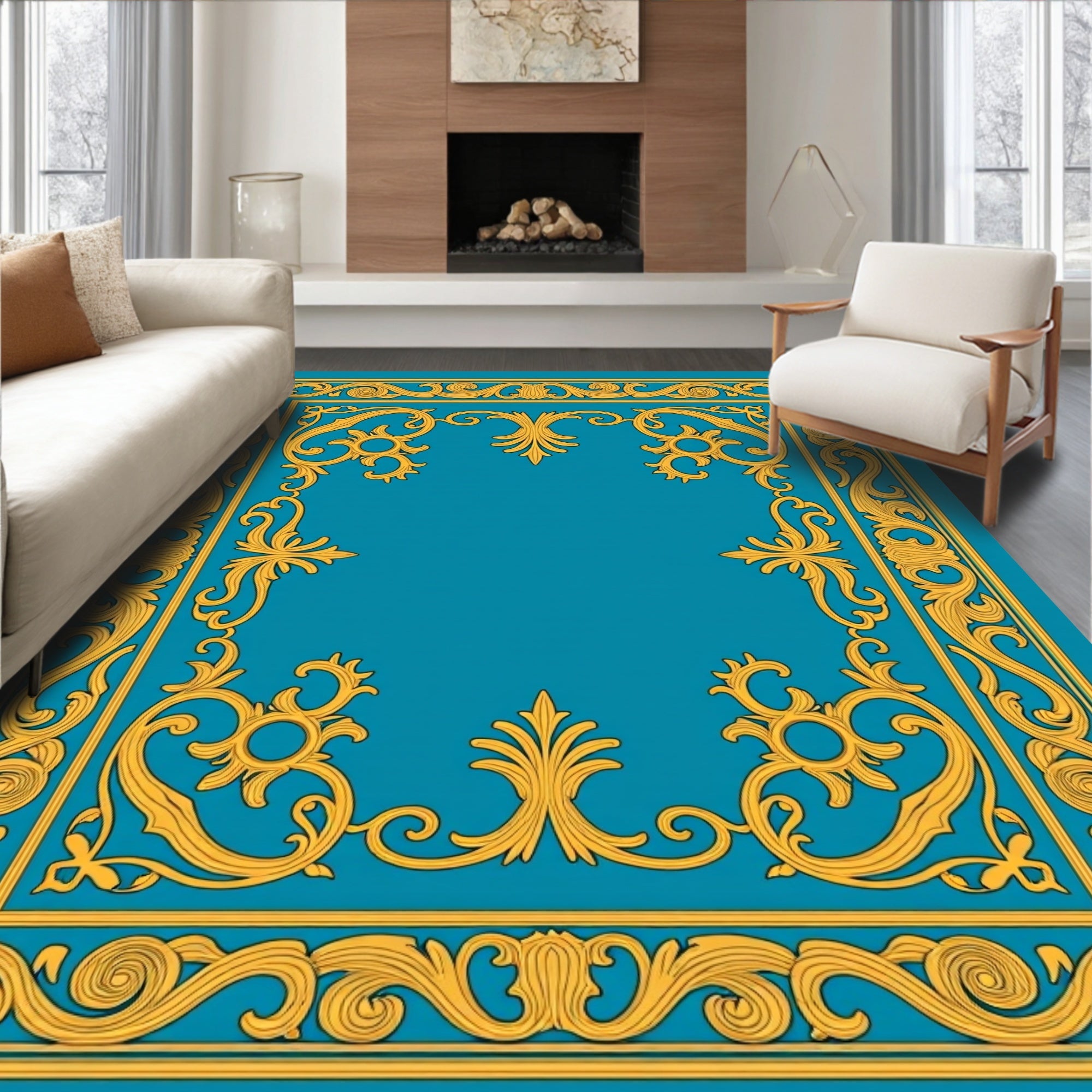 Gold Ornate Border Teal Rug