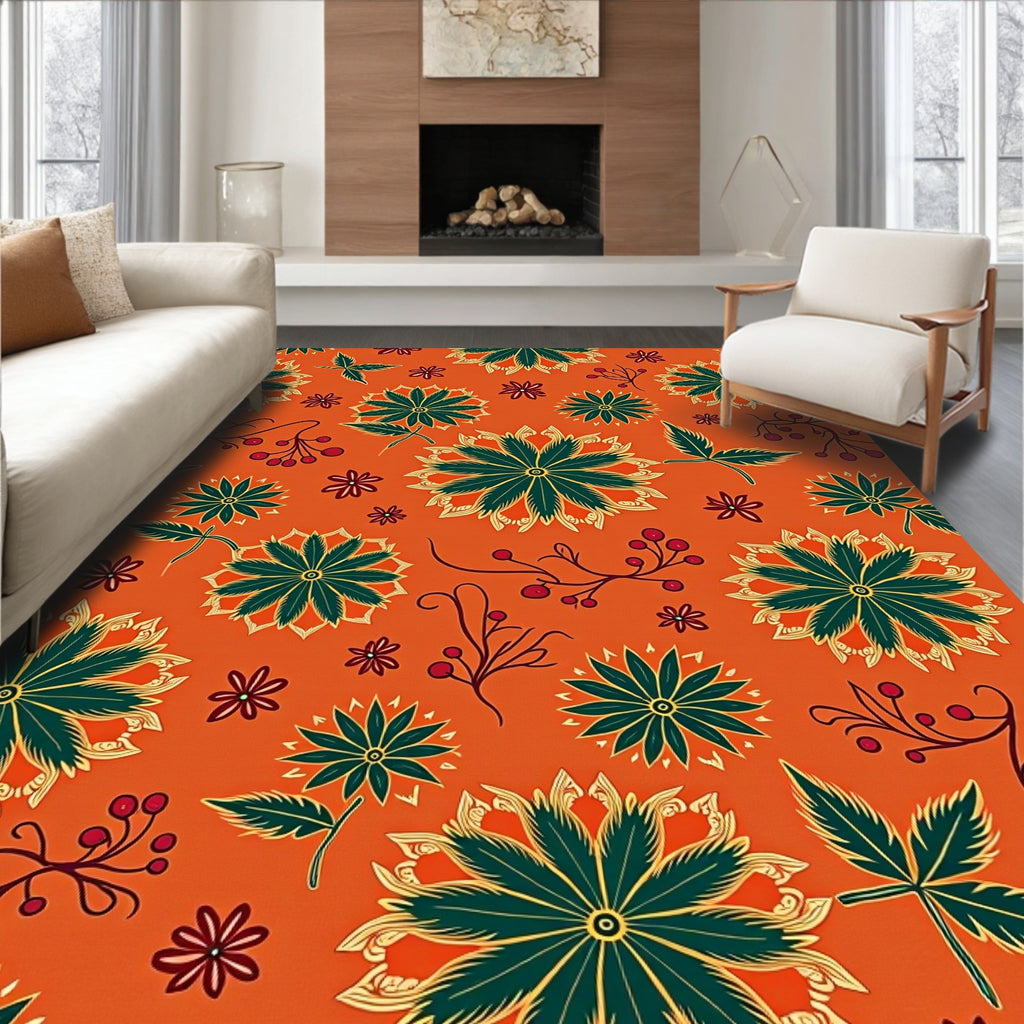 Vibrant Orange Green Floral Medallion Rug