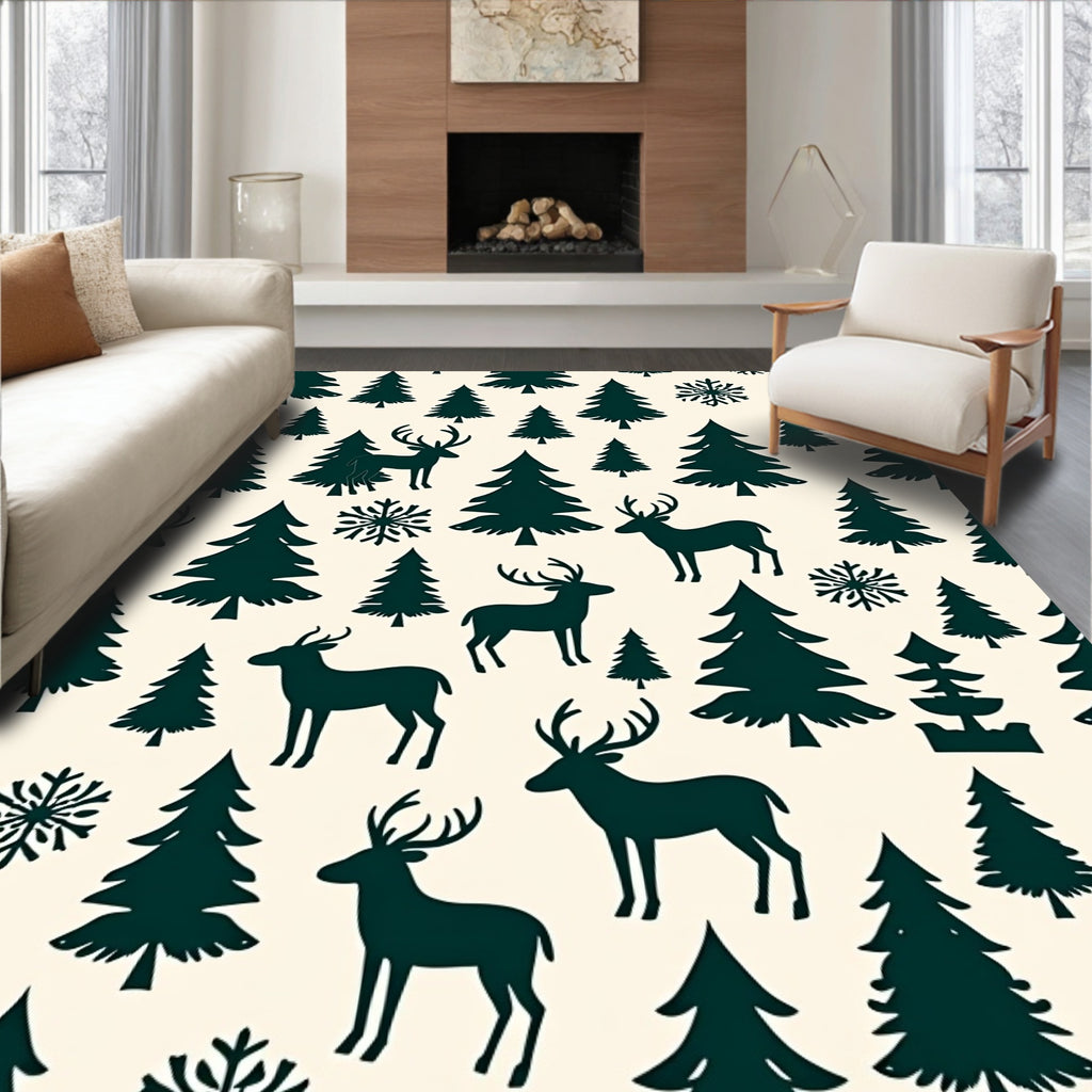 Dark Forest Reindeer Snowflake Scene Rug