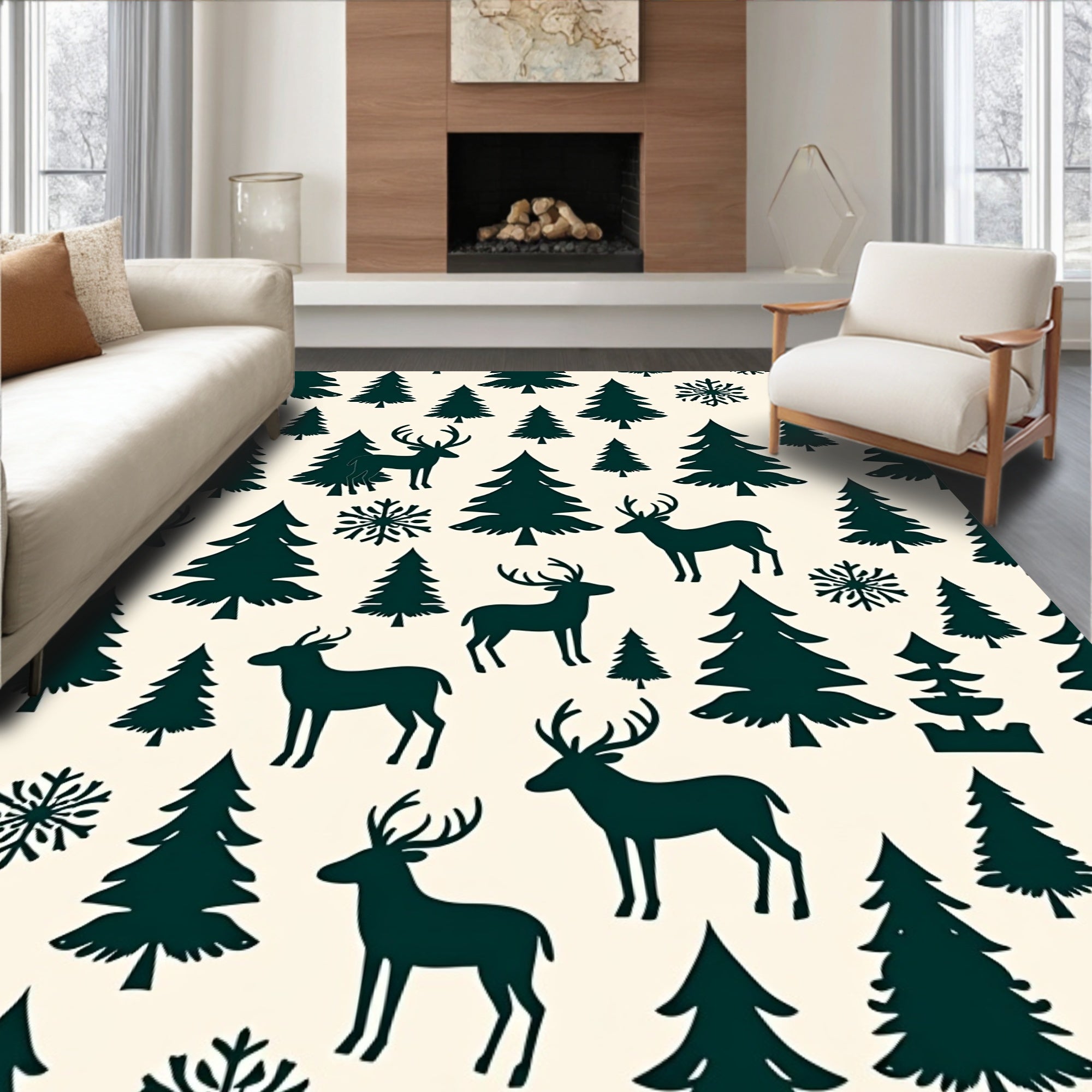 Dark Forest Reindeer Snowflake Scene Rug