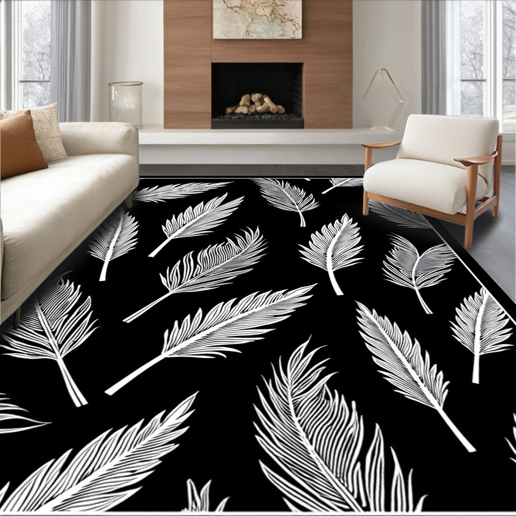 Black White Tropical Feather Repeat Rug