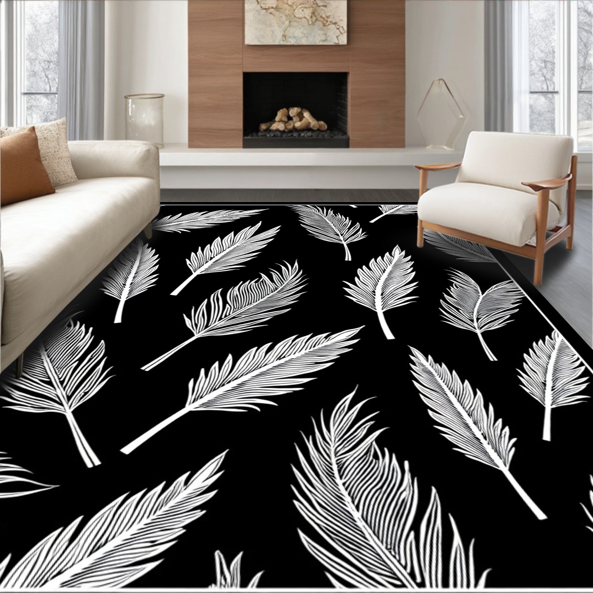 Black White Tropical Feather Repeat Rug
