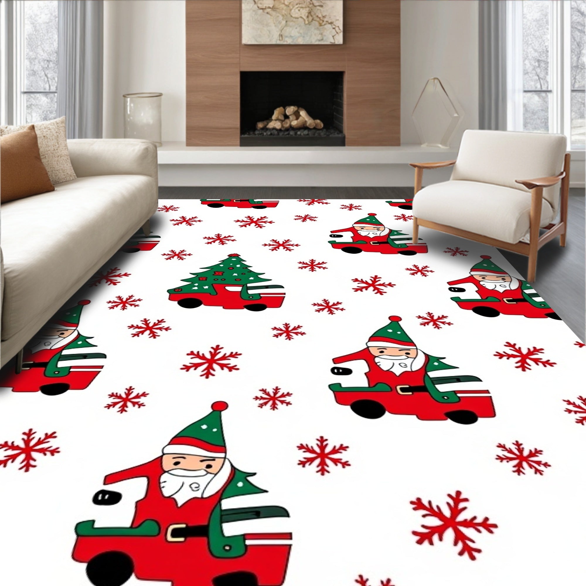 Red Santa Truck Christmas Tree Snowflakes Rug