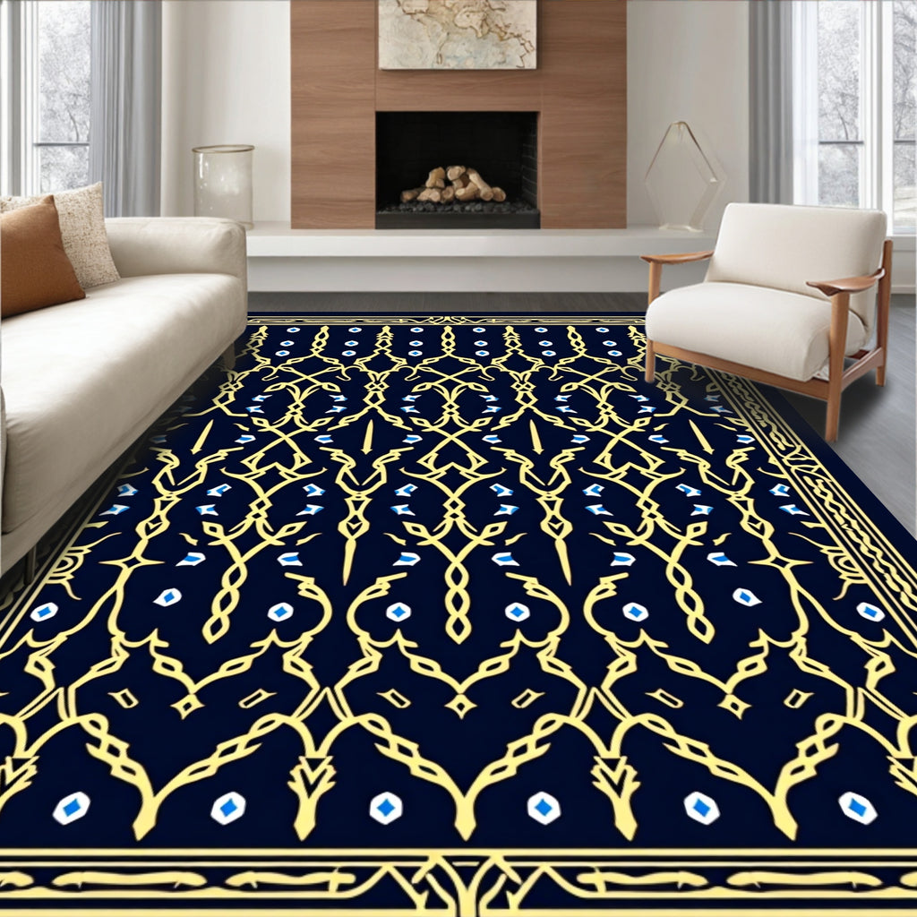 Ornate Yellow Blue Detailed Border Rug