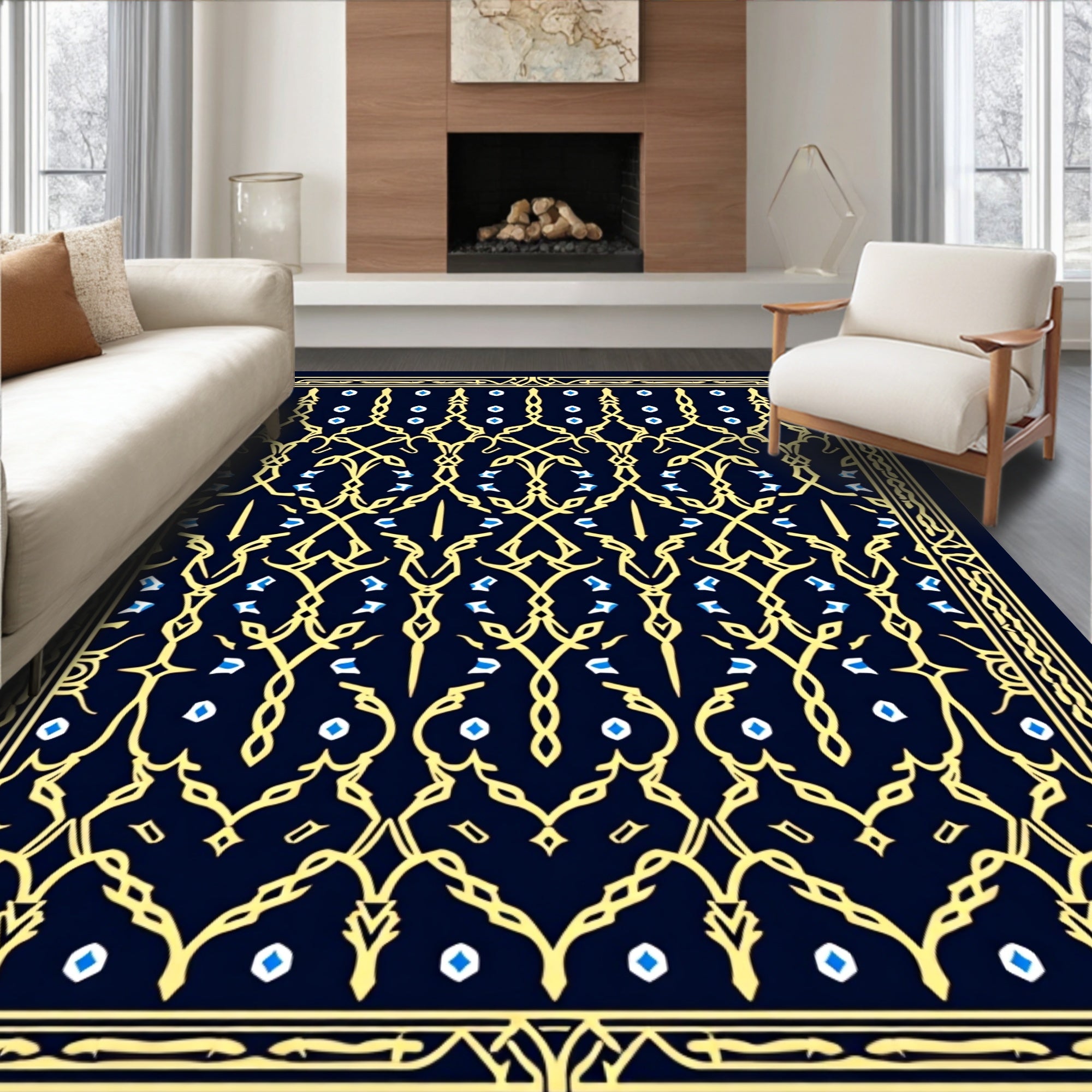 Ornate Yellow Blue Detailed Border Rug