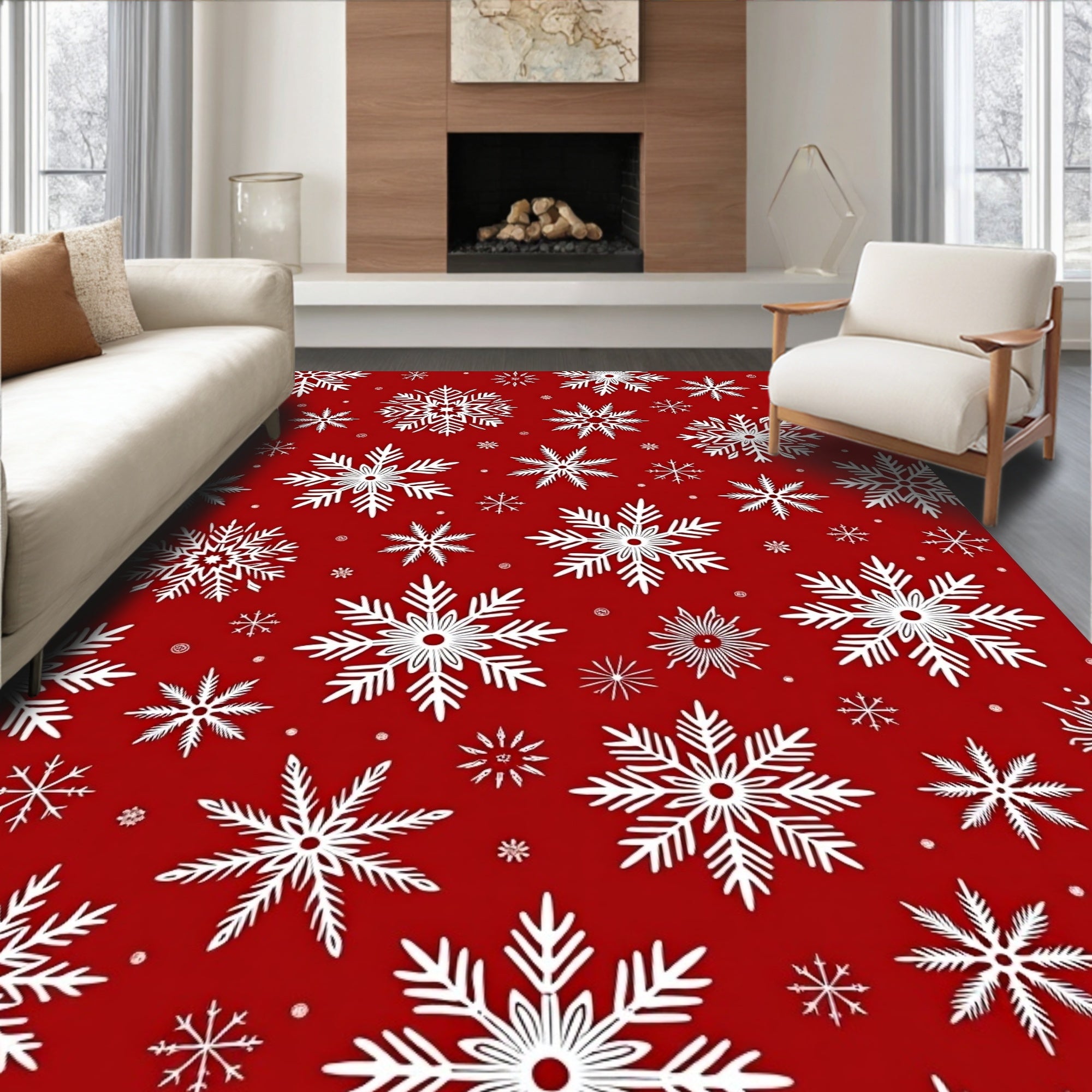 Crimson White Snowflake Scatter Rug