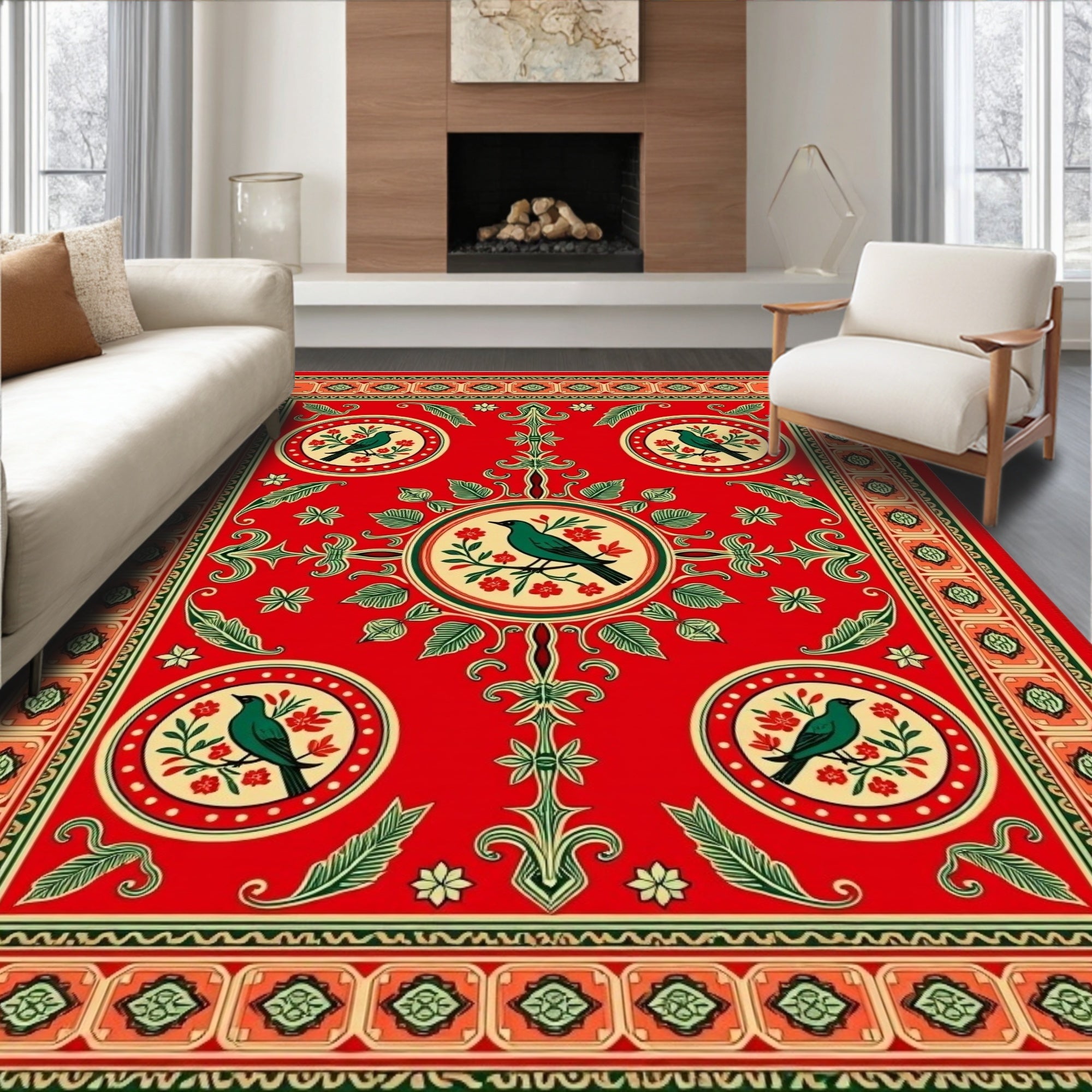 Crimson Red Bird Floral Medallion Rug