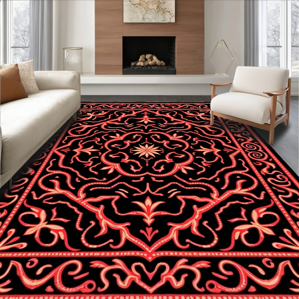 Crimson Floral Swirl Medallion Rug