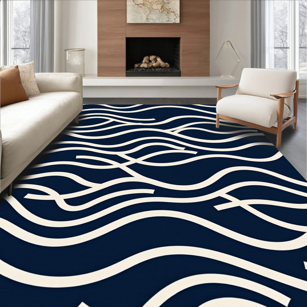 Navy Cream Wavy Line Art Rug