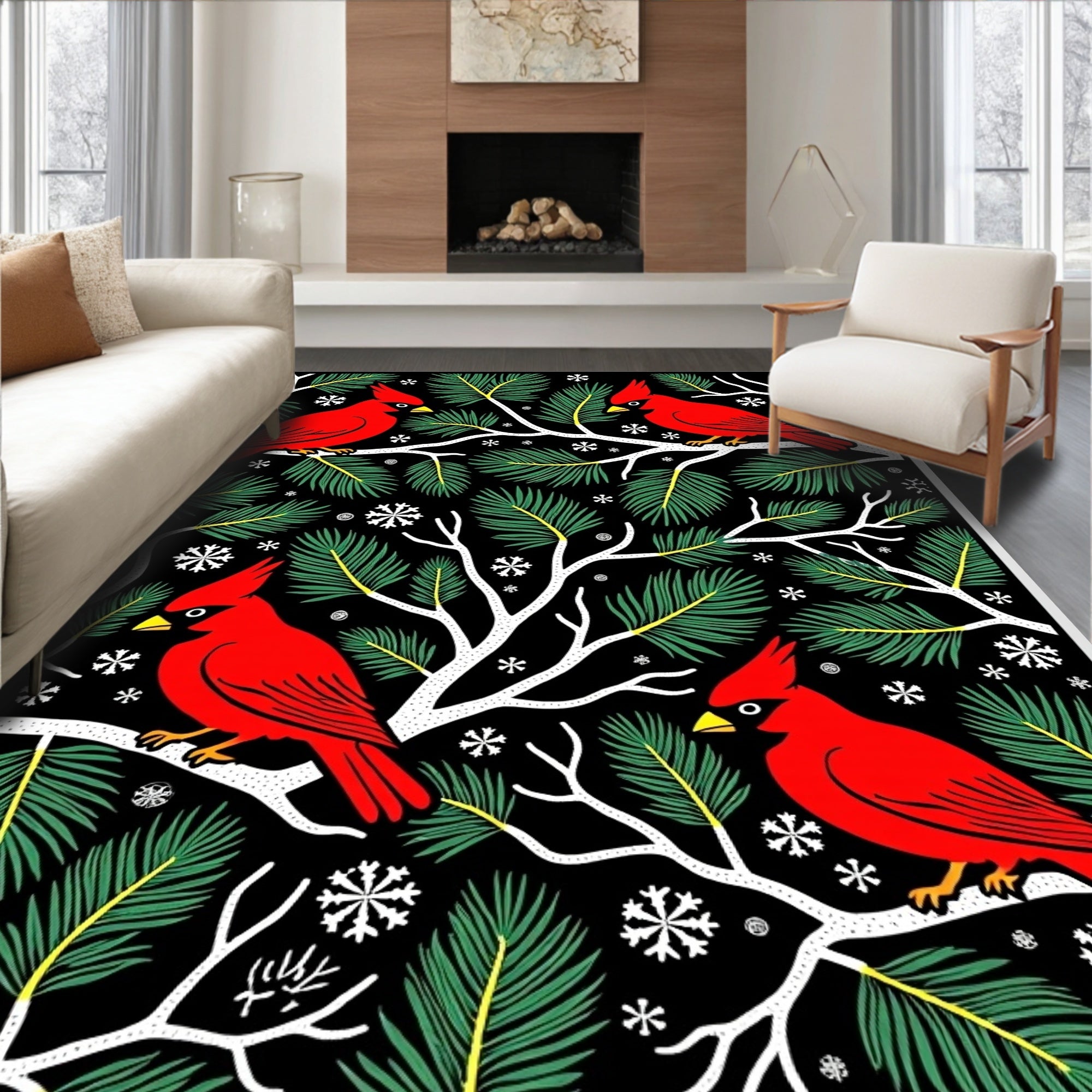 Crimson Cardinals Pine Branch Snowflakes Rug